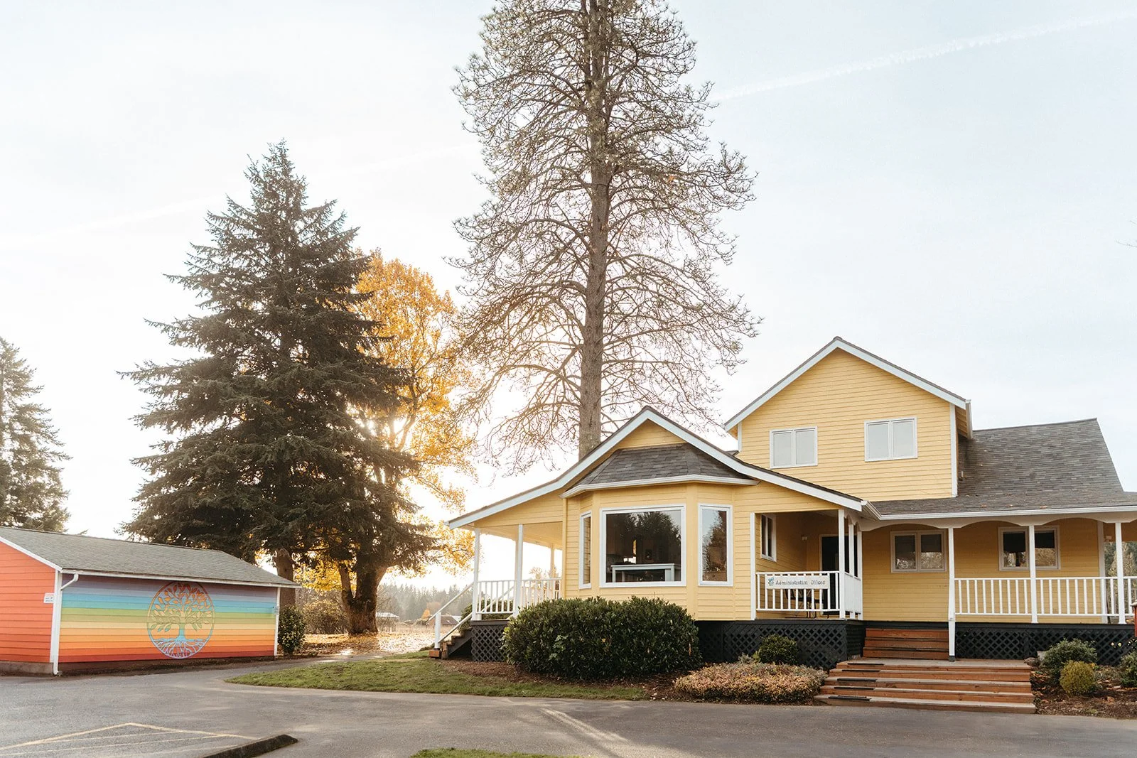 A yellow house with white trim, steps leading to the entrance, large windows, and a porch with white railing. There are tall trees behind the house, one with no leaves, and the other with some yellow leaves. A small building with rainbow-colored stripes and a tree design is to the left. The sky is overcast with sunlight peeking through.