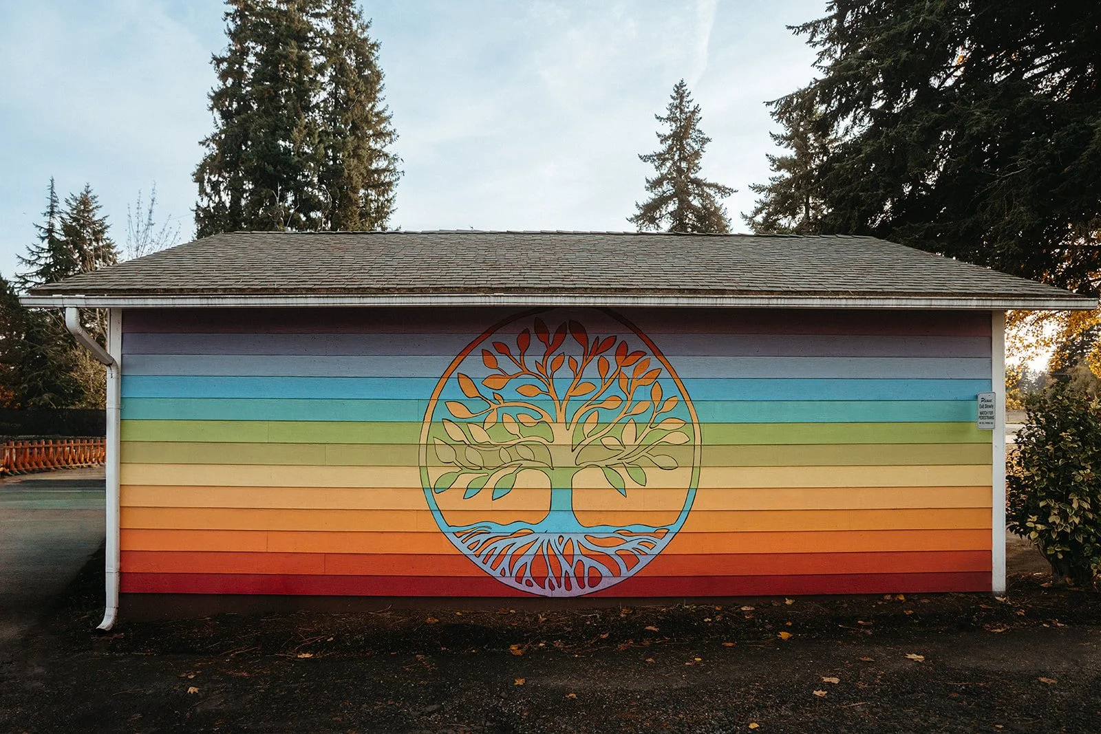 A painted mural on a building's exterior wall features a large tree with colorful rainbow stripes in the background. The tree is within a circular outline, with its roots extending downward.