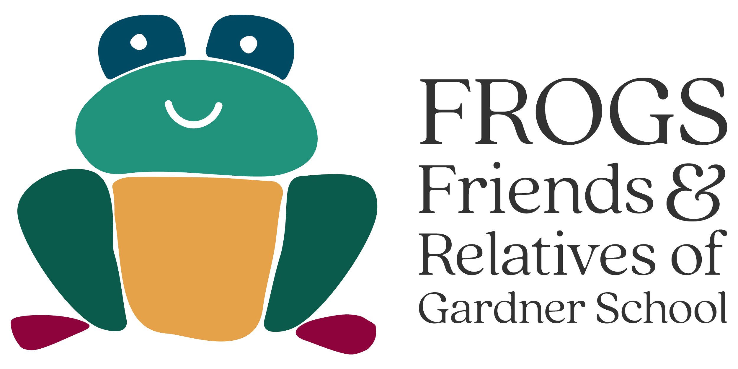 Colorful illustration of a frog made from abstract shapes, with text reading "FROGS, Friends, & Relatives of Gardner School."