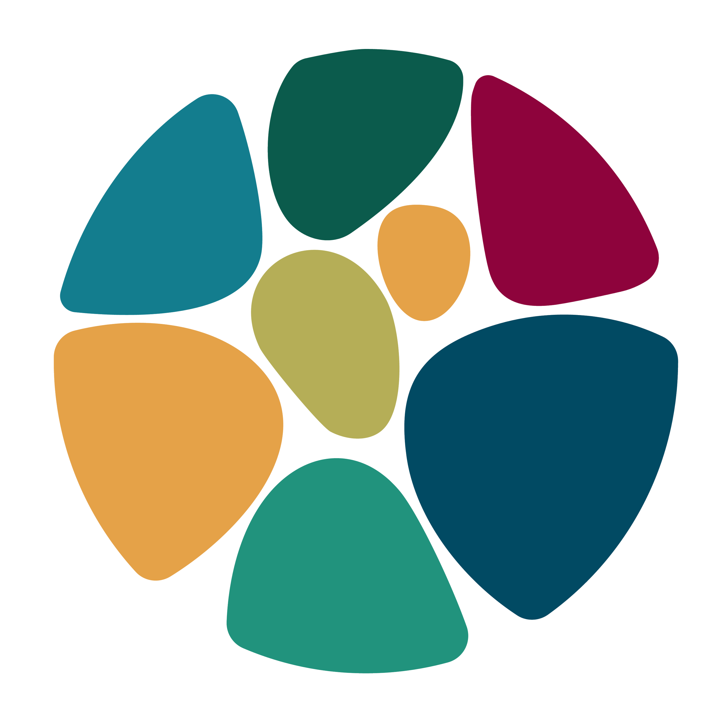 Colorful abstract shapes resembling stones or pebbles in various colors including blue, green, orange, and red on a white background.