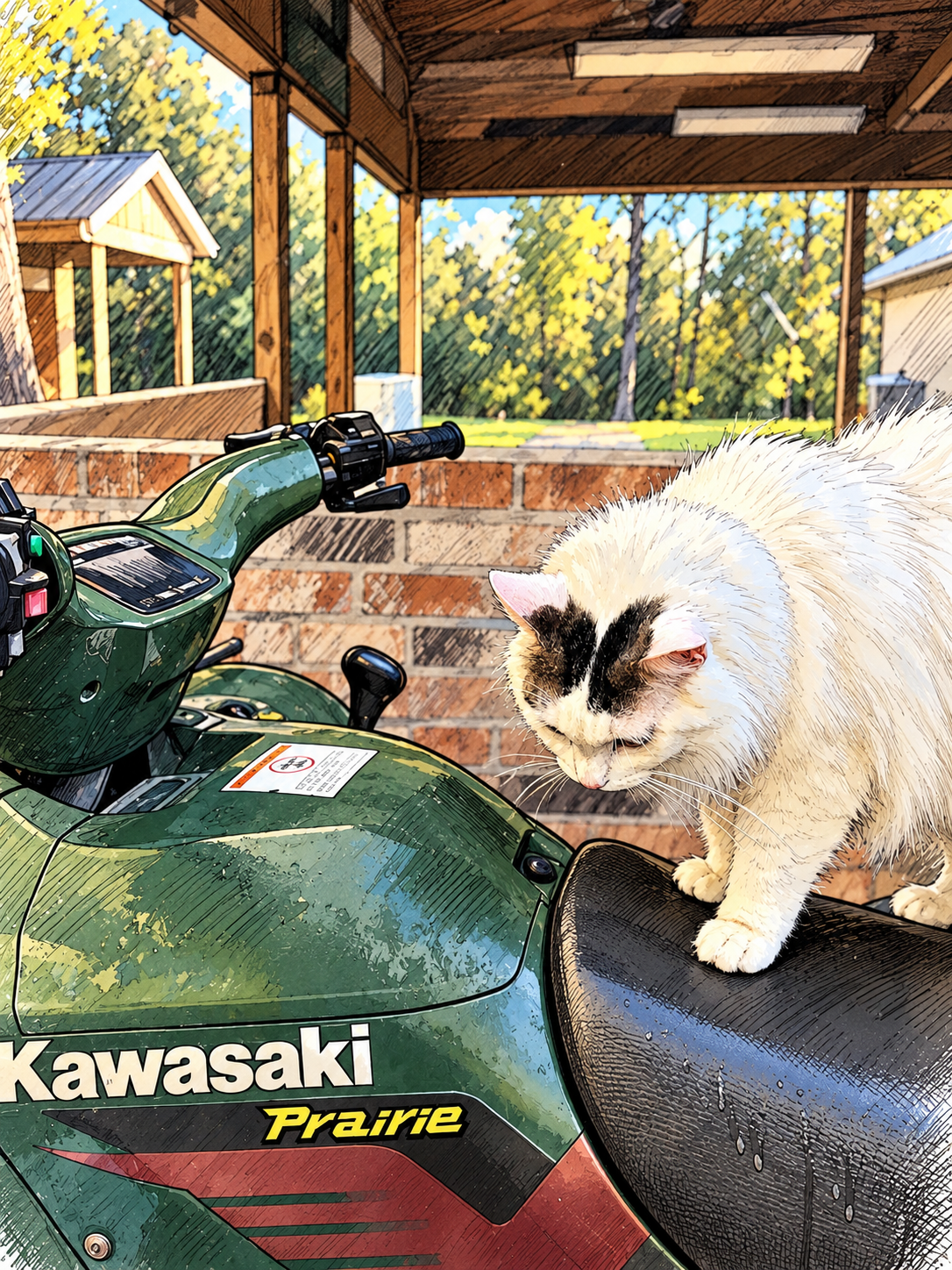Our fluffy white cat Kitten exploring a Kawasaki four-wheeler at our Southern vacation home