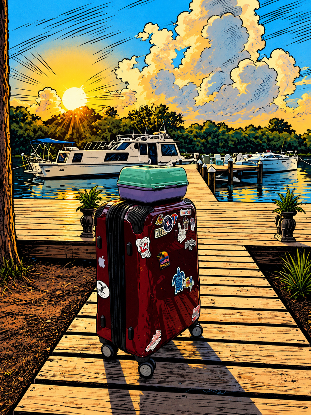 Suitcases packed on a wooden dock after a mother-daughter houseboat Airbnb vacation in Pensacola Florida
