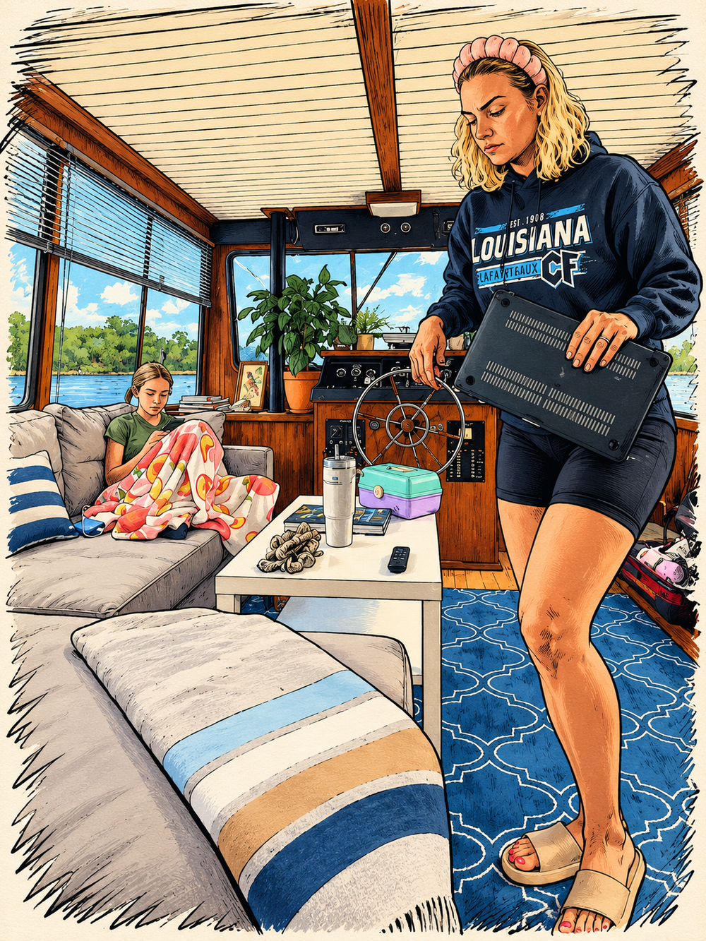 Cozy captain's quarters living room inside a vintage 1977 Pensacola houseboat Airbnb