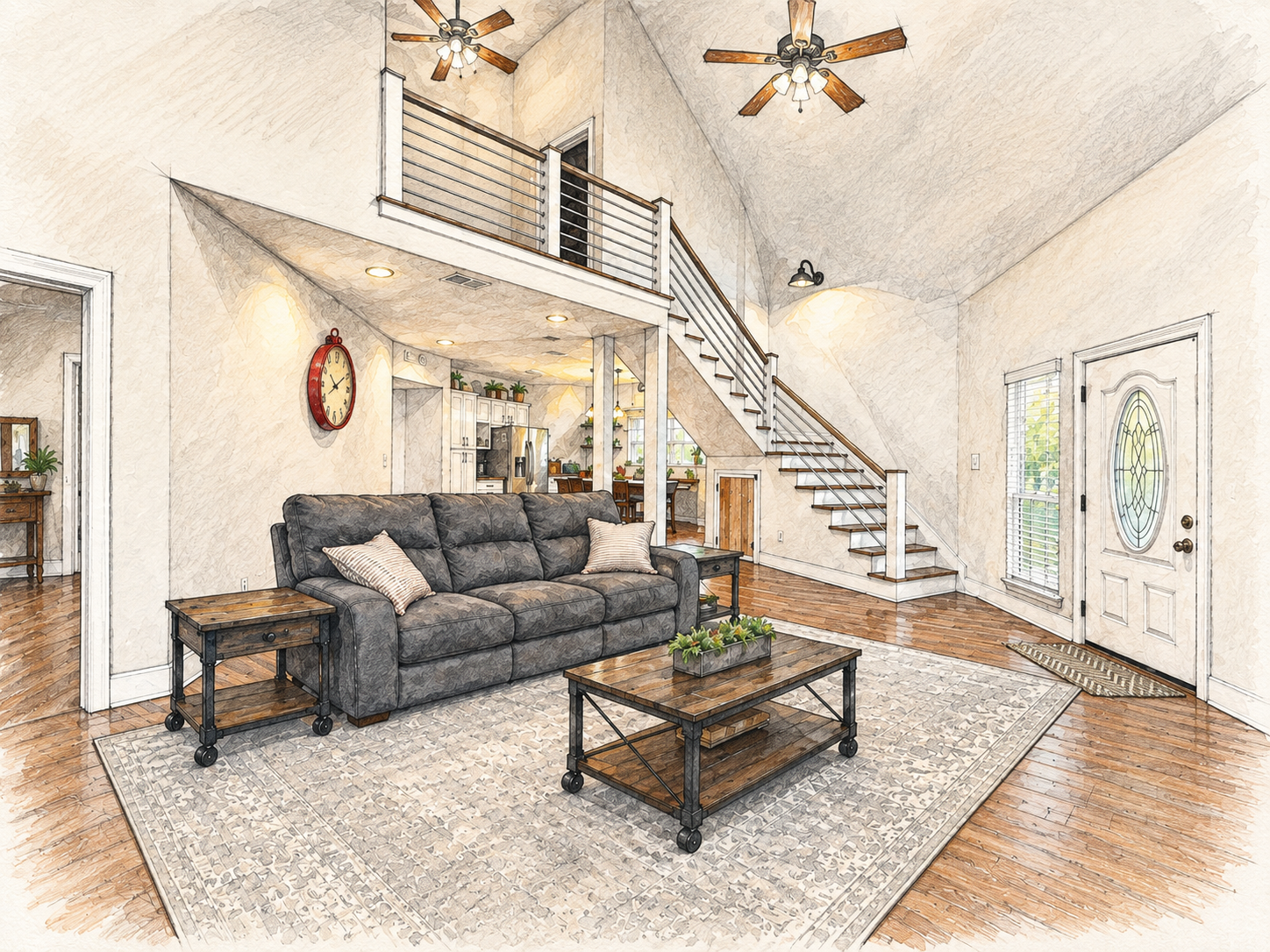 Living room and loft inside unique home in Prairieville Louisiana