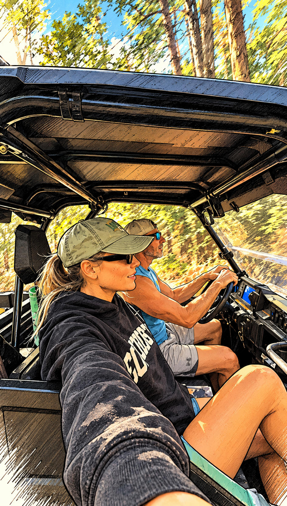 Second home Airbnb hosts enjoying a side-by-side ride at their Southern vacation camp