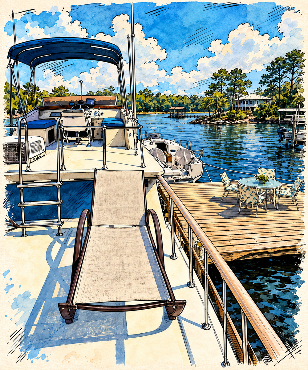 Upper deck of a unique Pensacola houseboat vacation rental overlooking the water