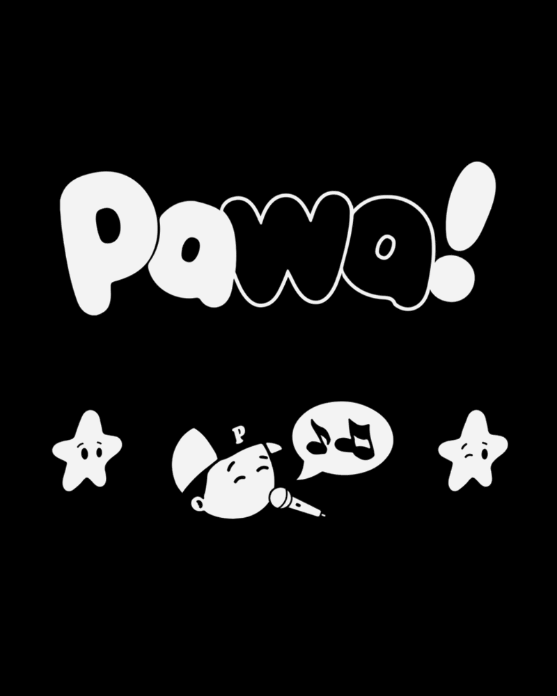Black and white cartoon-style illustration featuring the word 'Pawoo!' in large, playful letters at the top. Below is a graphic of a young boy wearing a cap, singing into a microphone with musical notes in a speech bubble. Flanking the boy are two st