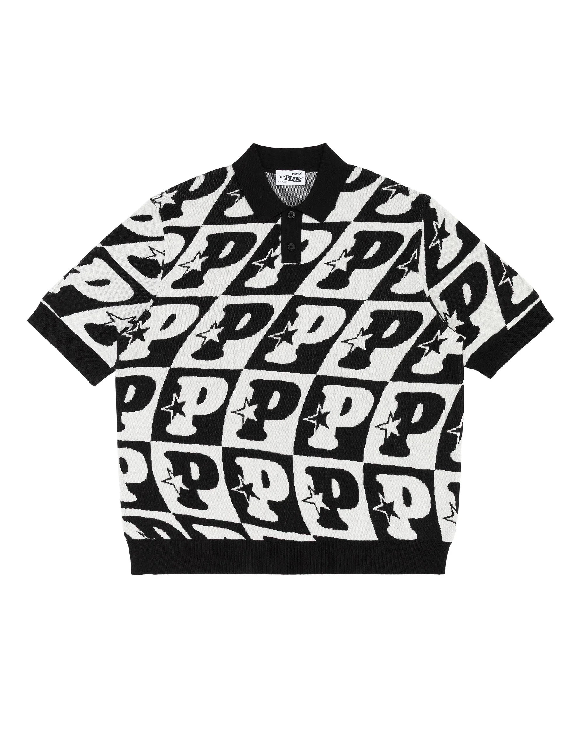 Black and white patterned polo shirt with a bold star and letter print, featuring a black collar and black hem at the bottom.