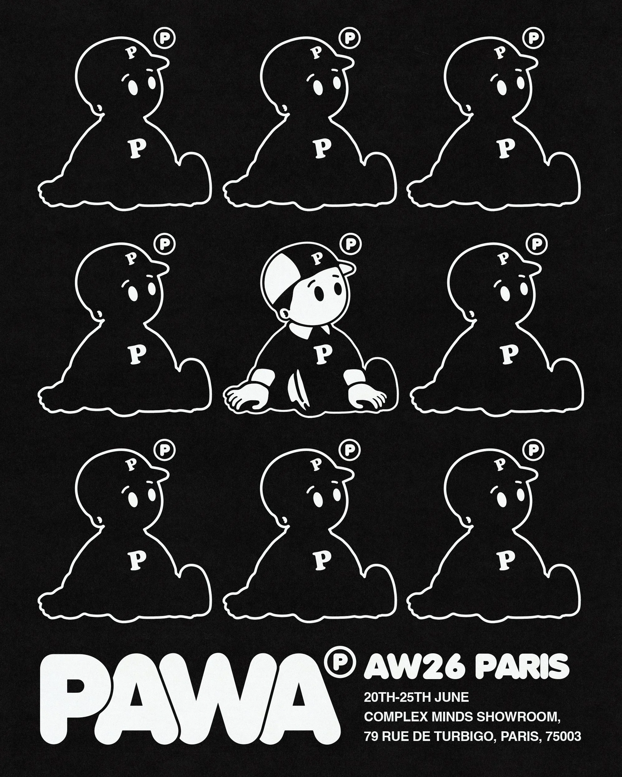 Black poster with white outline illustrations of cartoon characters wearing baseball caps and the word 'PUMA' at the bottom, advertising an event at the Complex Minds Showroom in Paris from June 20th to 25th.