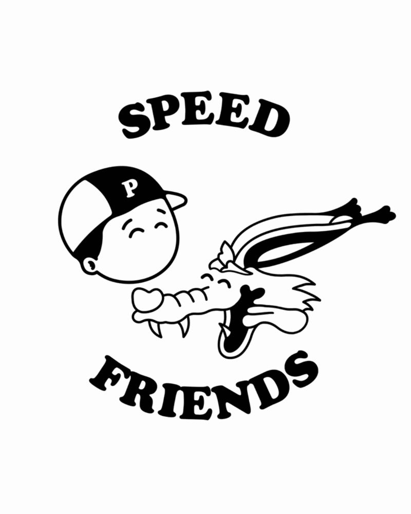 A cartoon illustration with a boy wearing a baseball cap, smiling, and a crocodile with its mouth open. The words "SPEED FRIENDS" are above and below the characters.