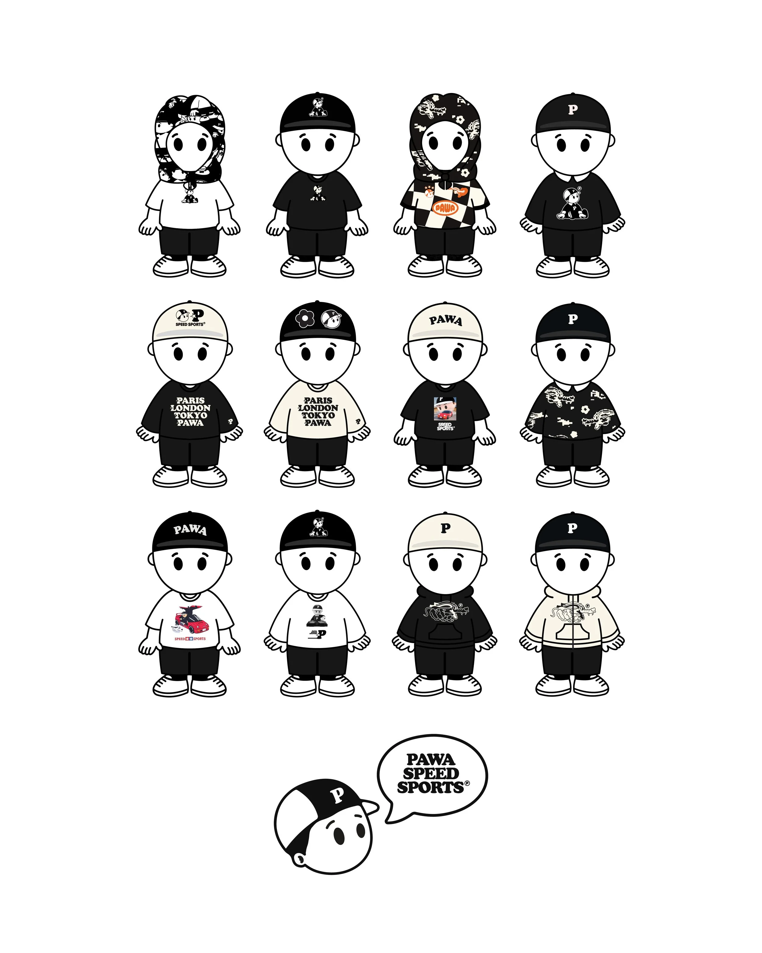 A collection of black and white cartoon characters showcasing various styles of streetwear and sportswear, with some dressed in hoodies, caps, and t-shirts, featuring logos and graphic designs.