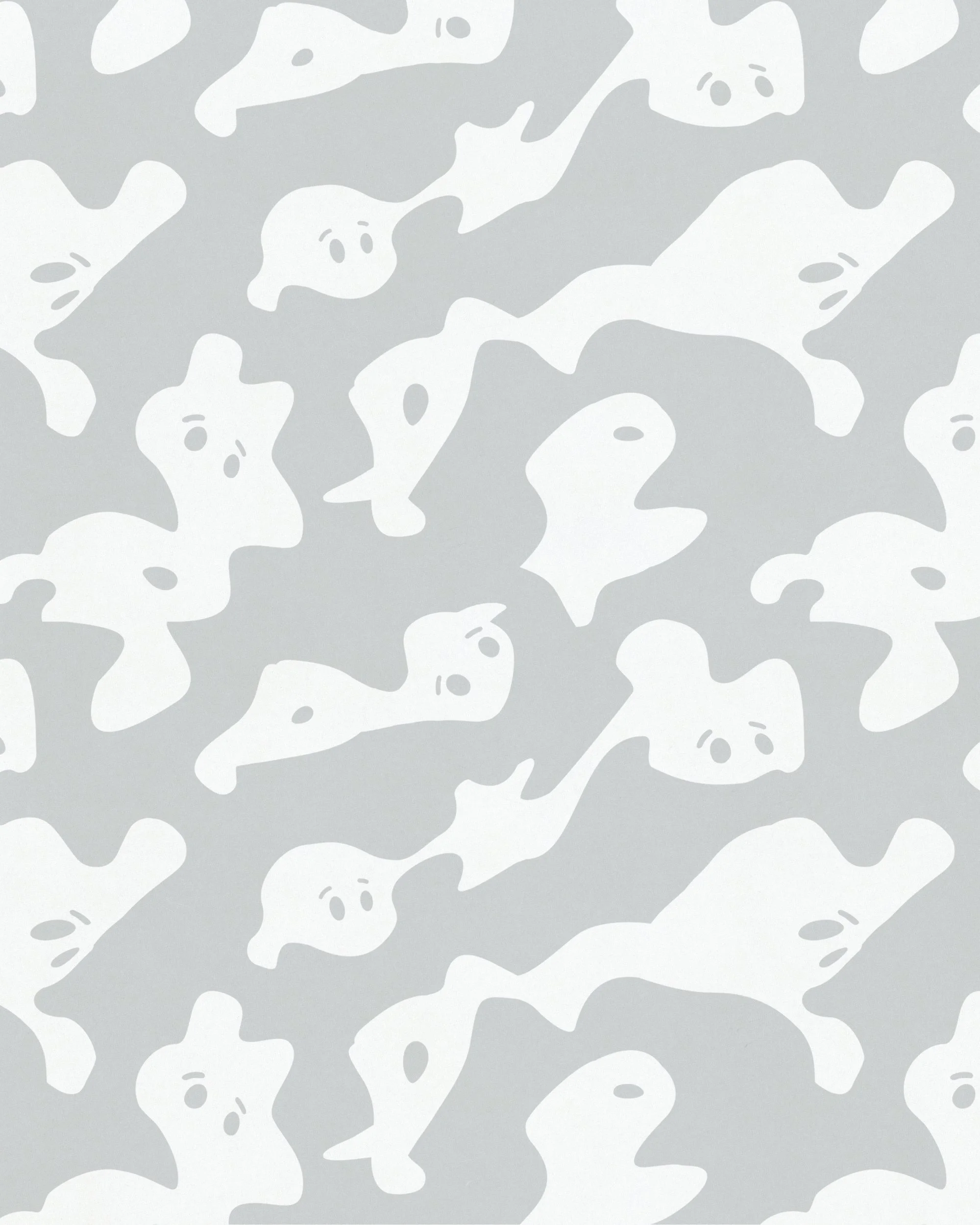 Gray background with white abstract ghost shapes and facial expressions.
