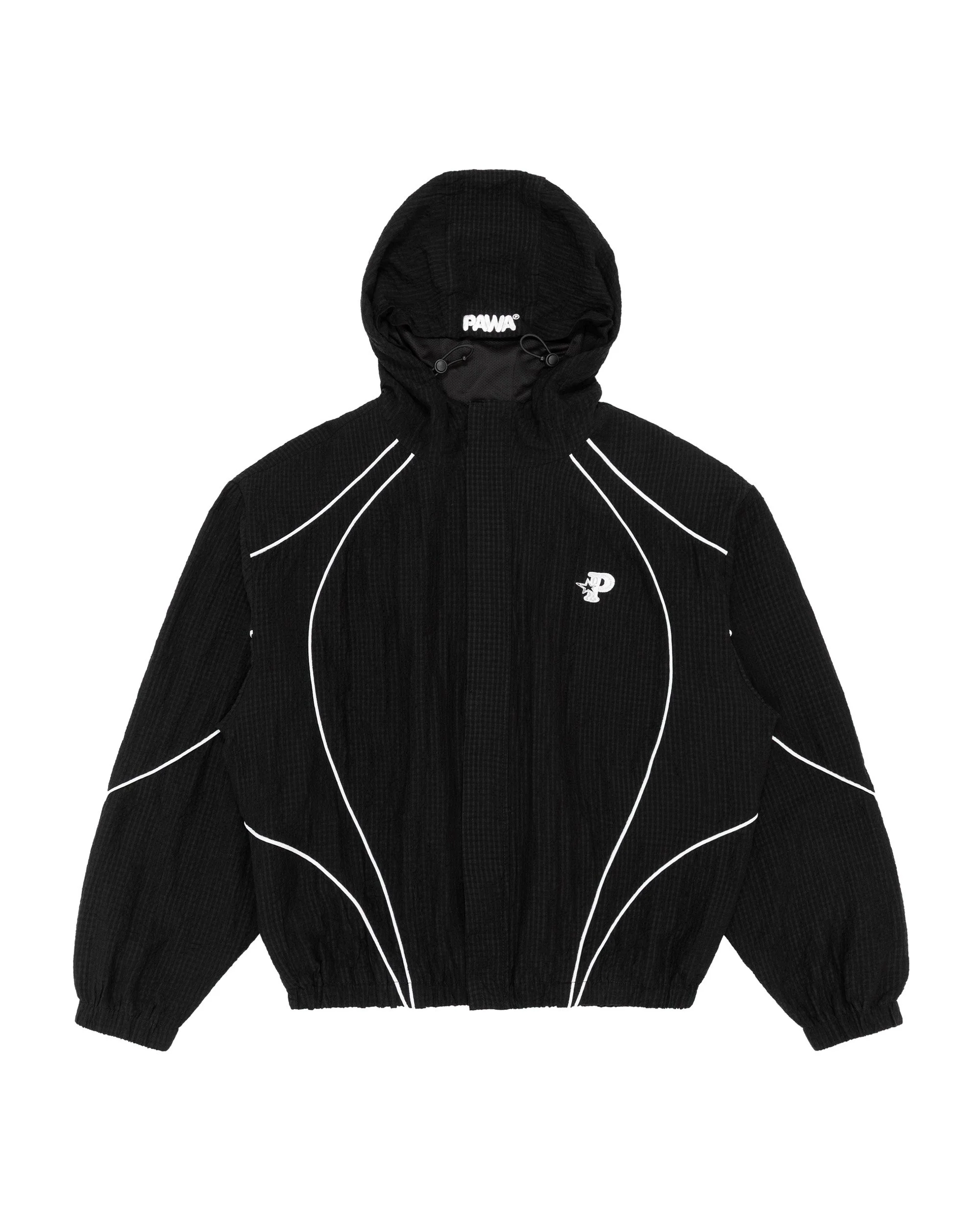 Black hooded jacket with white accents and logo on chest, isolated on white background.