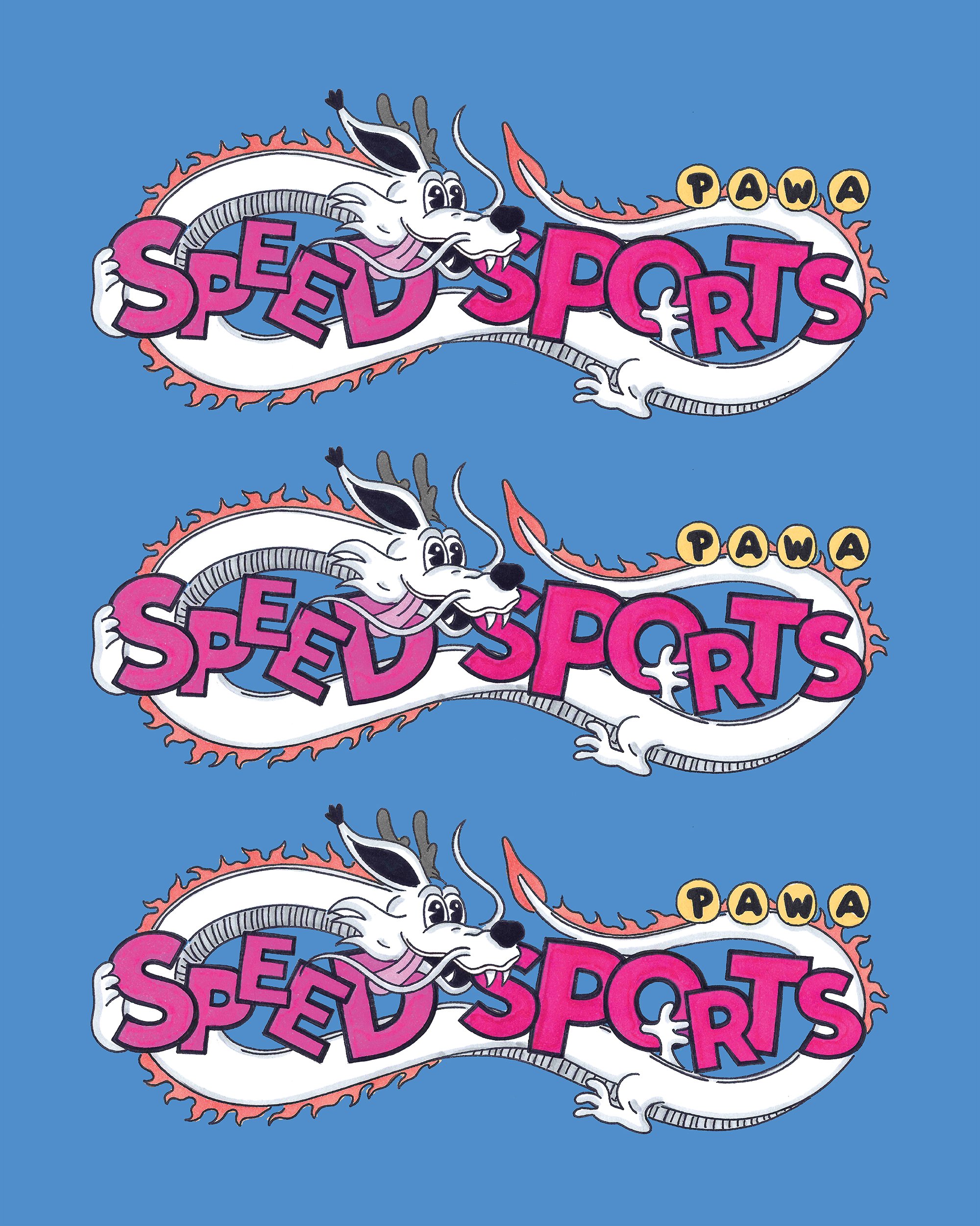 Repeated pattern of cartoon-style white dragon with black tongue and red tongue, holding a sign that reads 'Speed's Pets.' The dragon has a friendly expression with big eyes, and the background is blue. The sign has the word 'PAWA' written in yellow 