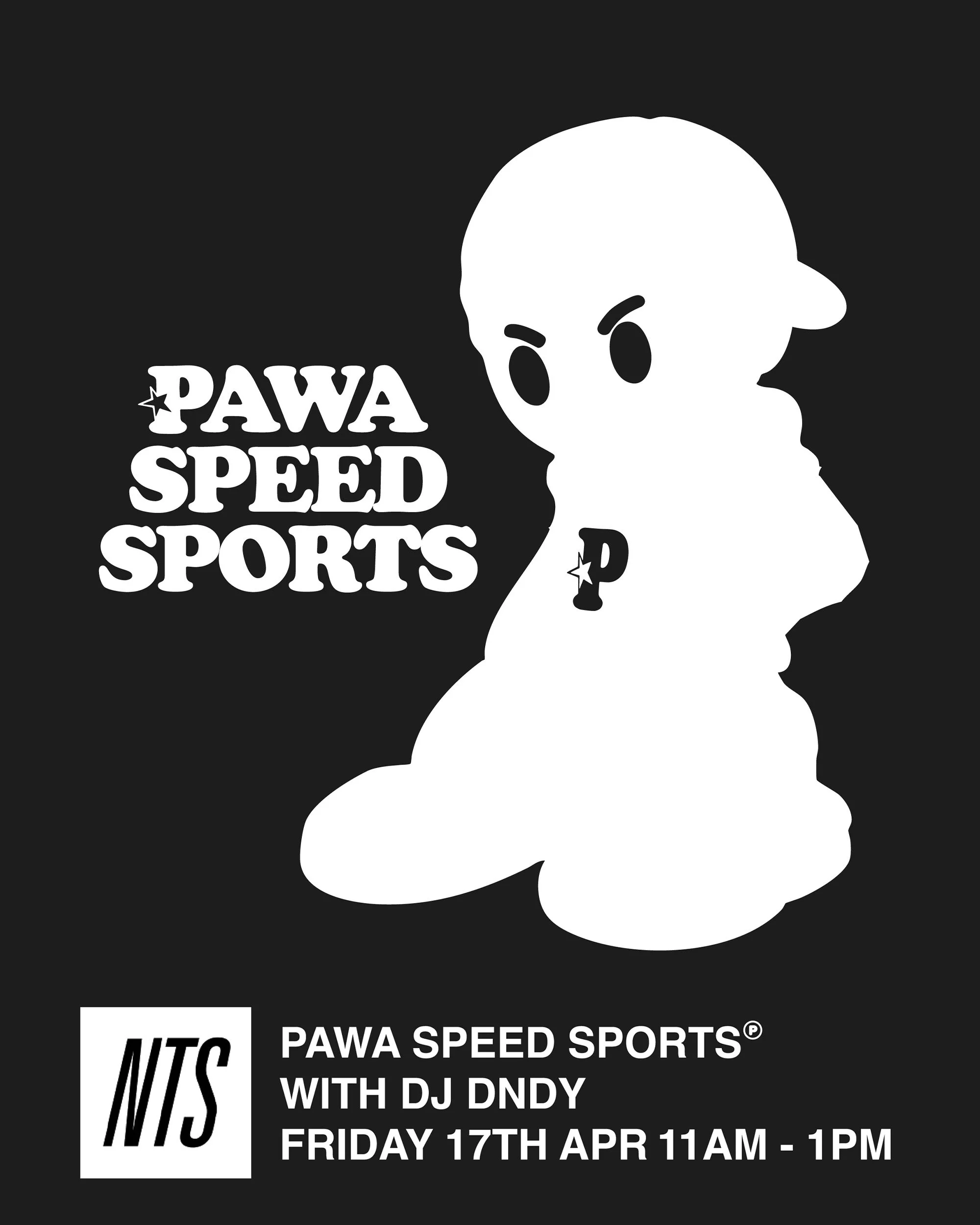 Black and white graphic featuring a stylized, cartoon-like head of a person with large eyes and an earring. Text to the left of the head reads: 'PAWA SPEED SPORTS' and additional text below gives event details, including a DJ named DNDY, date Friday,