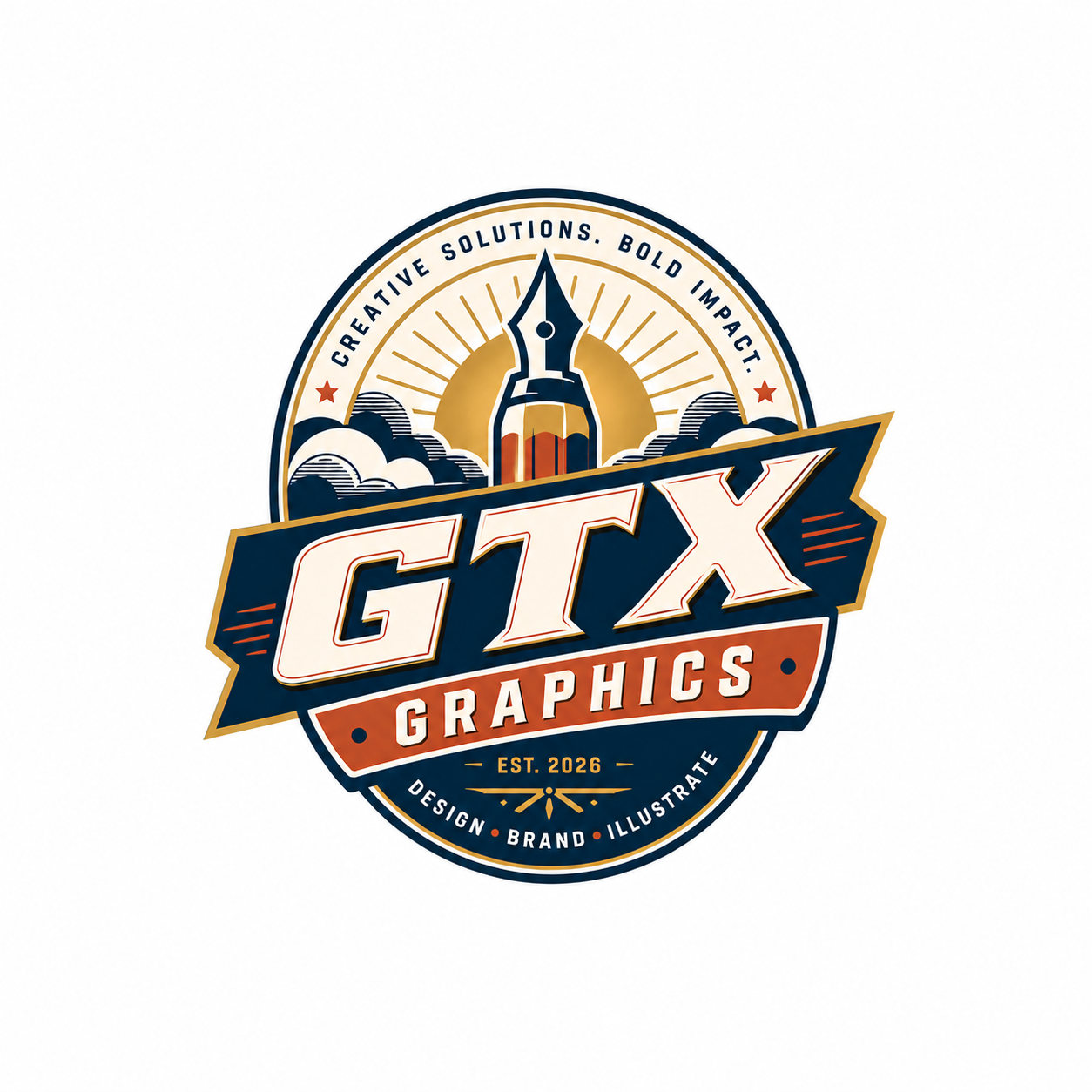 A graphic design logo featuring a fountain pen nib at the center with a sunburst behind it, clouds, and a banner with the text 'GTX Graphics'. The logo includes themes of creativity, bold impact, and design, with references to establishing in 2026.