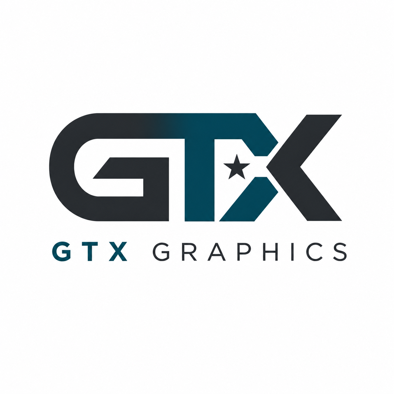 GTX Graphics logo with bold black and teal letters and a star in the letter X, with the words 'GTX Graphics' below.