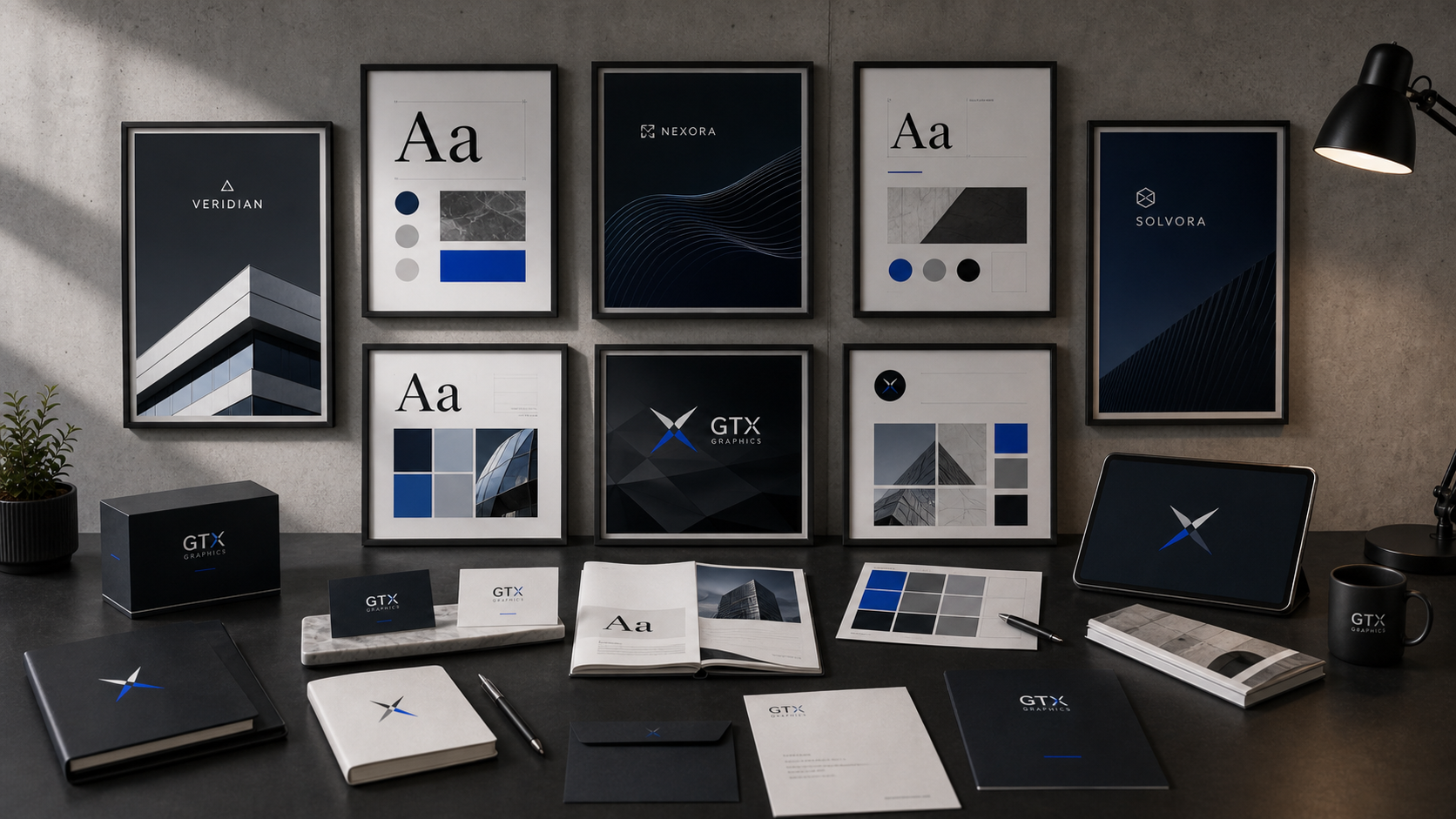 A workspace with framed posters featuring graphics and branding for GTX Graphics, NEXORA, Solvora, Veridian, with various office supplies, notebooks, tablets, and branded items in black, white, blue, and gray.