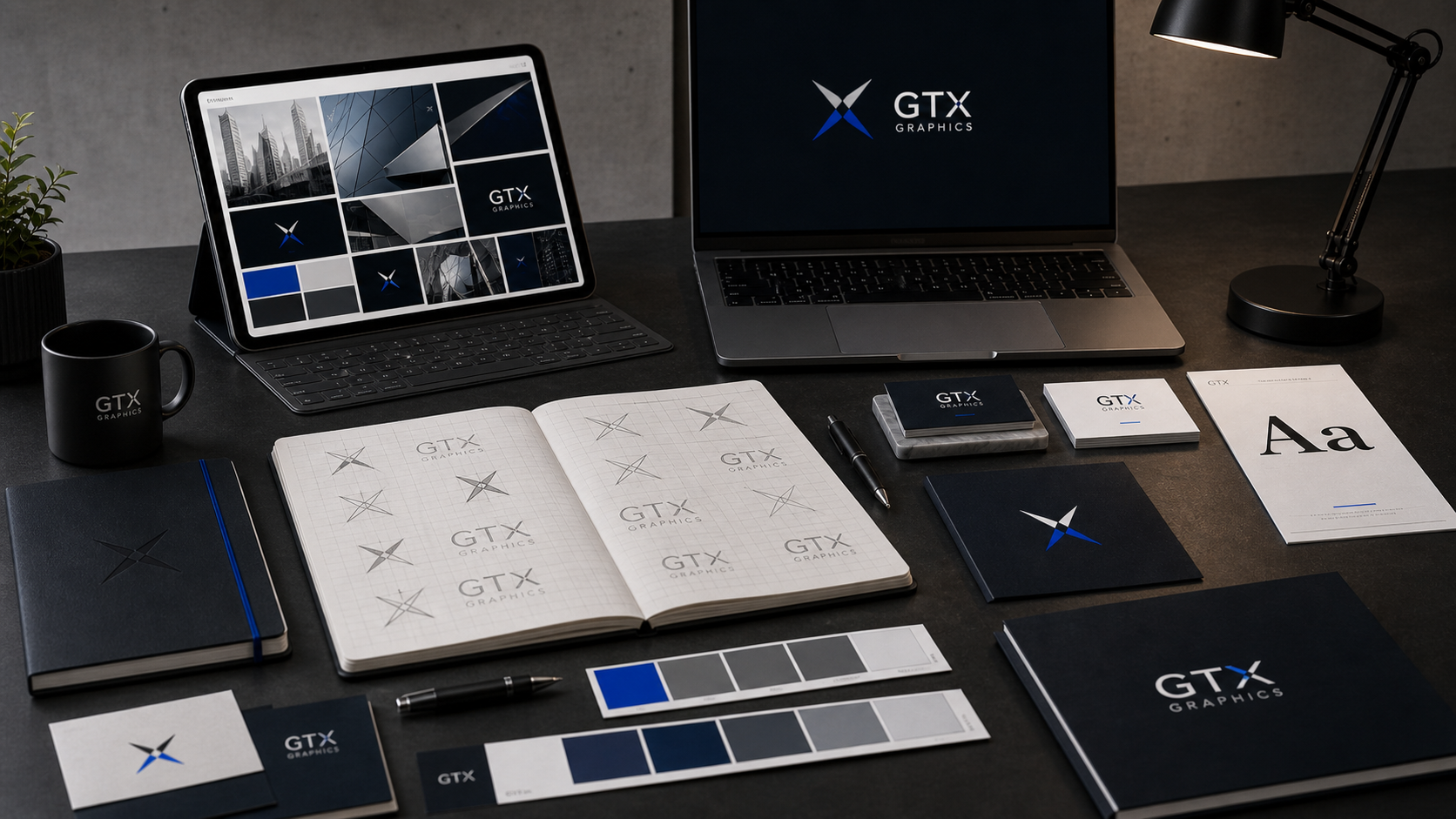 A workspace with multiple graphics design materials branded with GTX Graphics, including notebooks, color swatches, flyers, and branding sketches. There is a laptop, a tablet with a keyboard, a coffee mug, and a desk lamp on the dark desk.