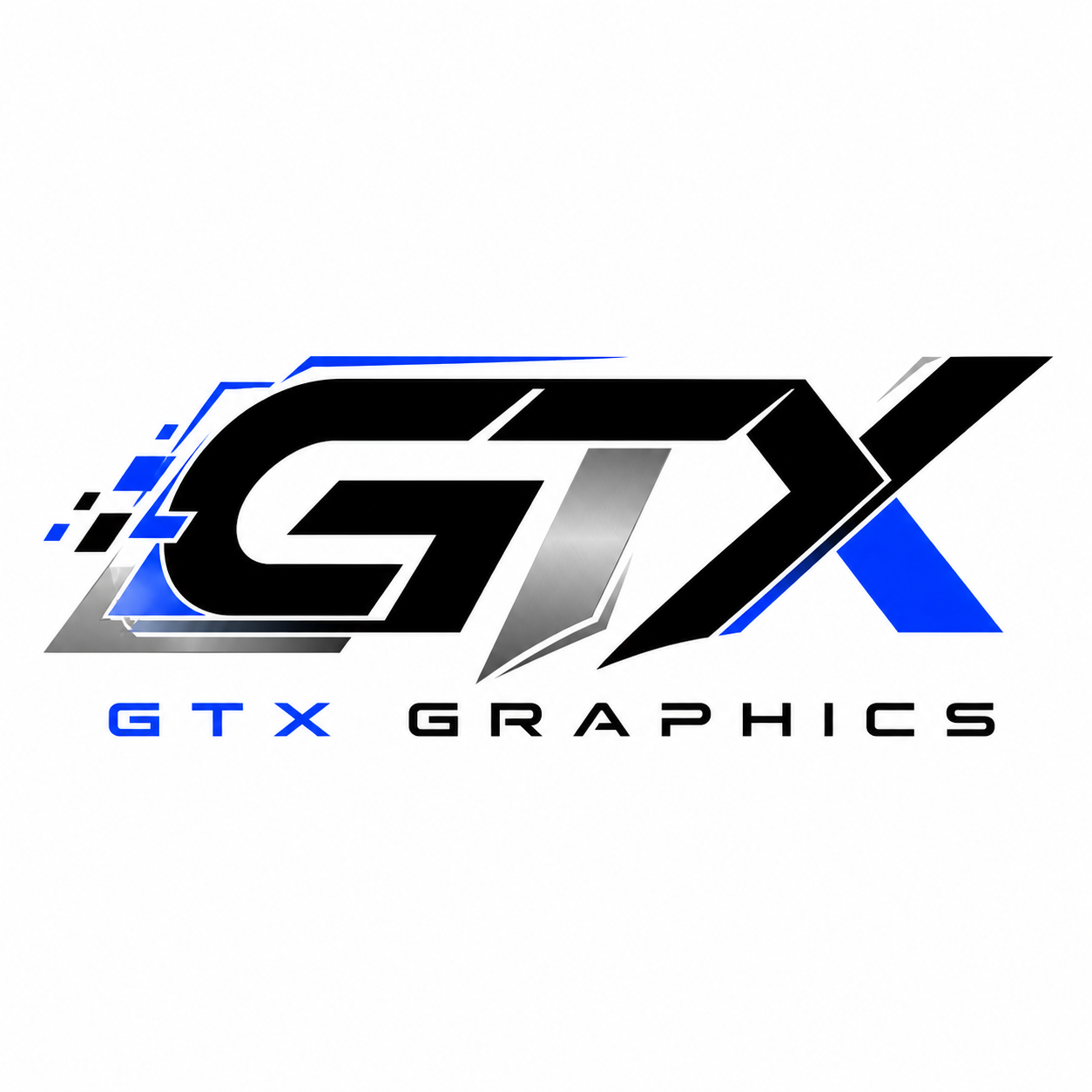 GTX Graphics logo with stylized black, silver, blue, and white text and design elements.