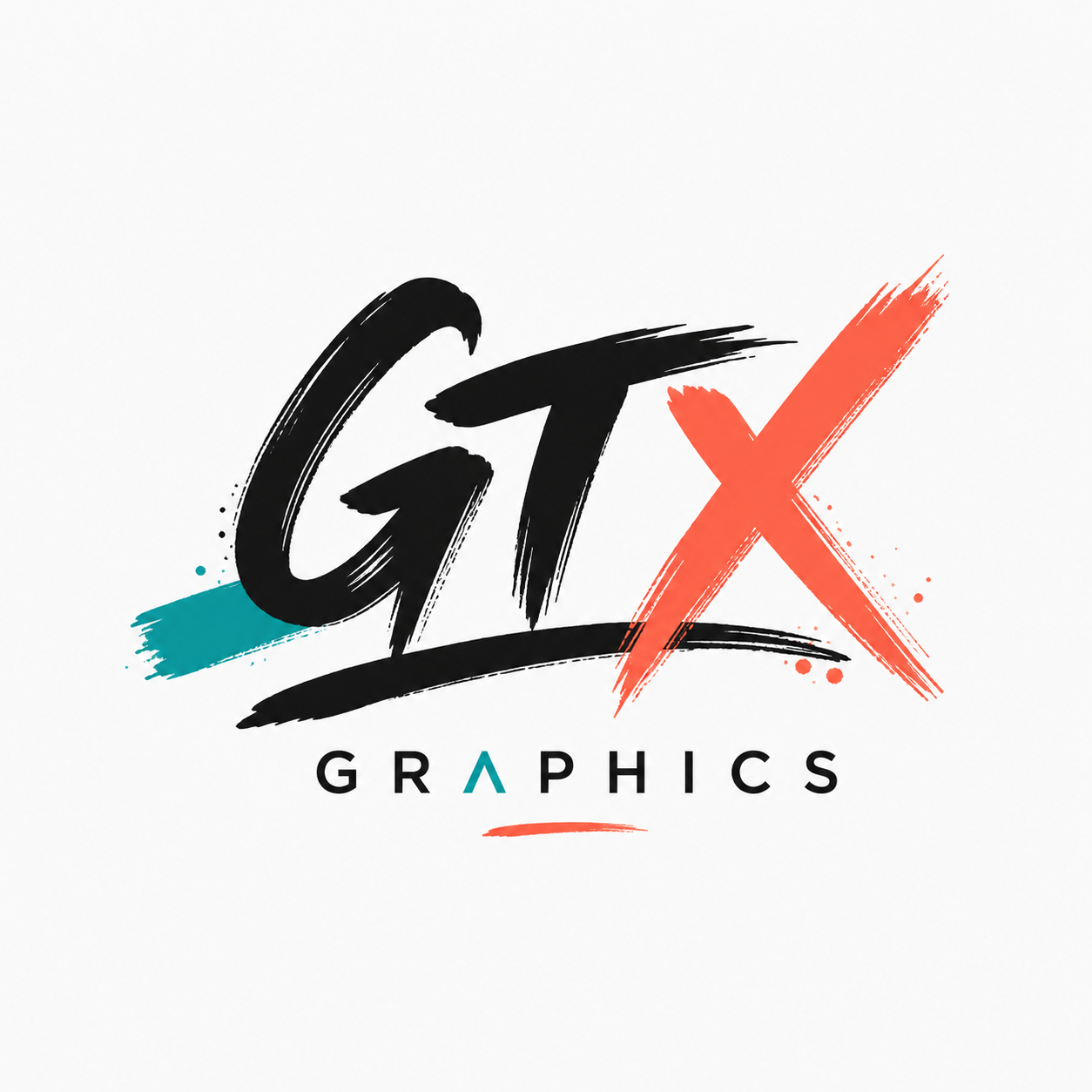 Stylized logo with bold brushstroke text reading 'GFX' and 'Graphics' underneath, with a teal slash and red checkmark accents.