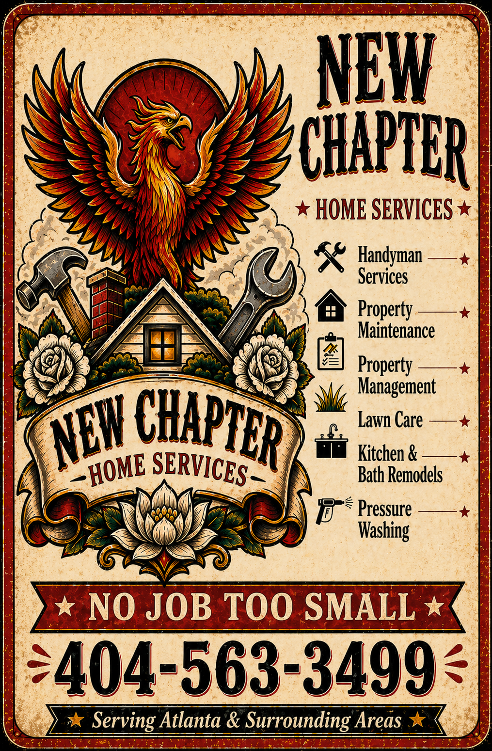 A vintage-style advertisement poster for 'New Chapter Home Services' featuring a large eagle with outstretched wings, a house, roses, a hammer, and a wrench. The poster lists services such as handyman services, property maintenance, property management, lawn care, kitchen and bath remodels, and pressure washing. The phone number is 404-563-3499, serving Atlanta and surrounding areas.