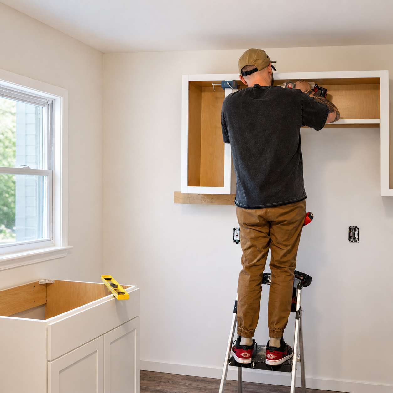 Man installing kitchen cabinets on a wall with tools, standing on a step stool, in a room under renovation.