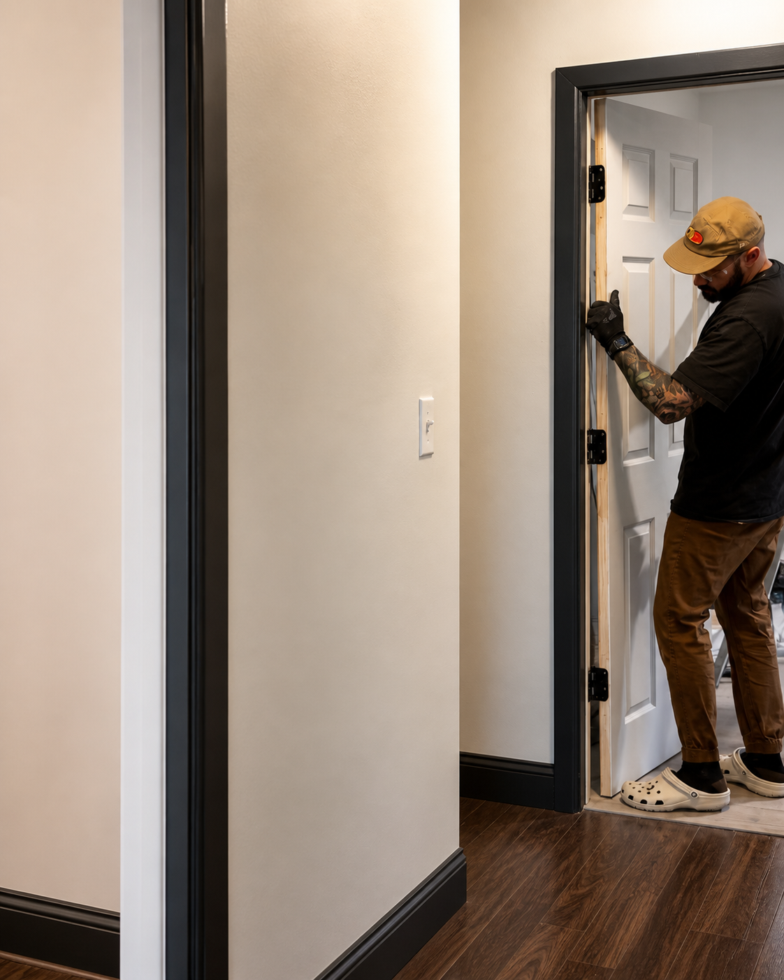 Man installing a door with black hinges and trim, dressed casually with tattoos, a cap, glasses, gloves, and Crocs, in a room with beige walls and dark wooden flooring.