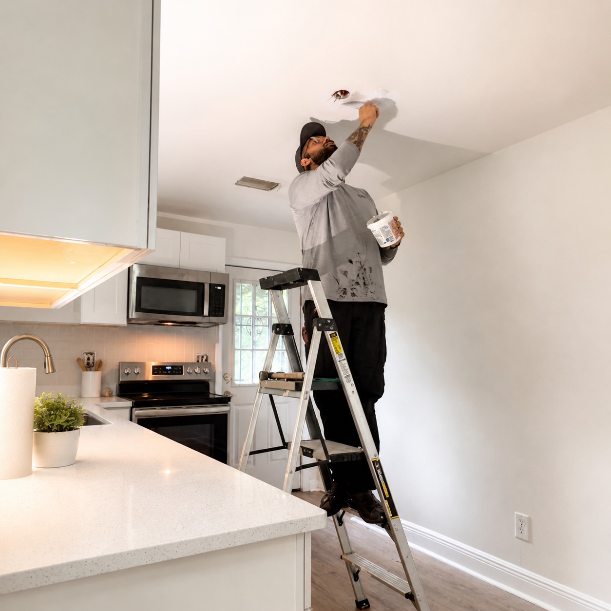Man on a ladder repairing a ceiling in a kitchen.