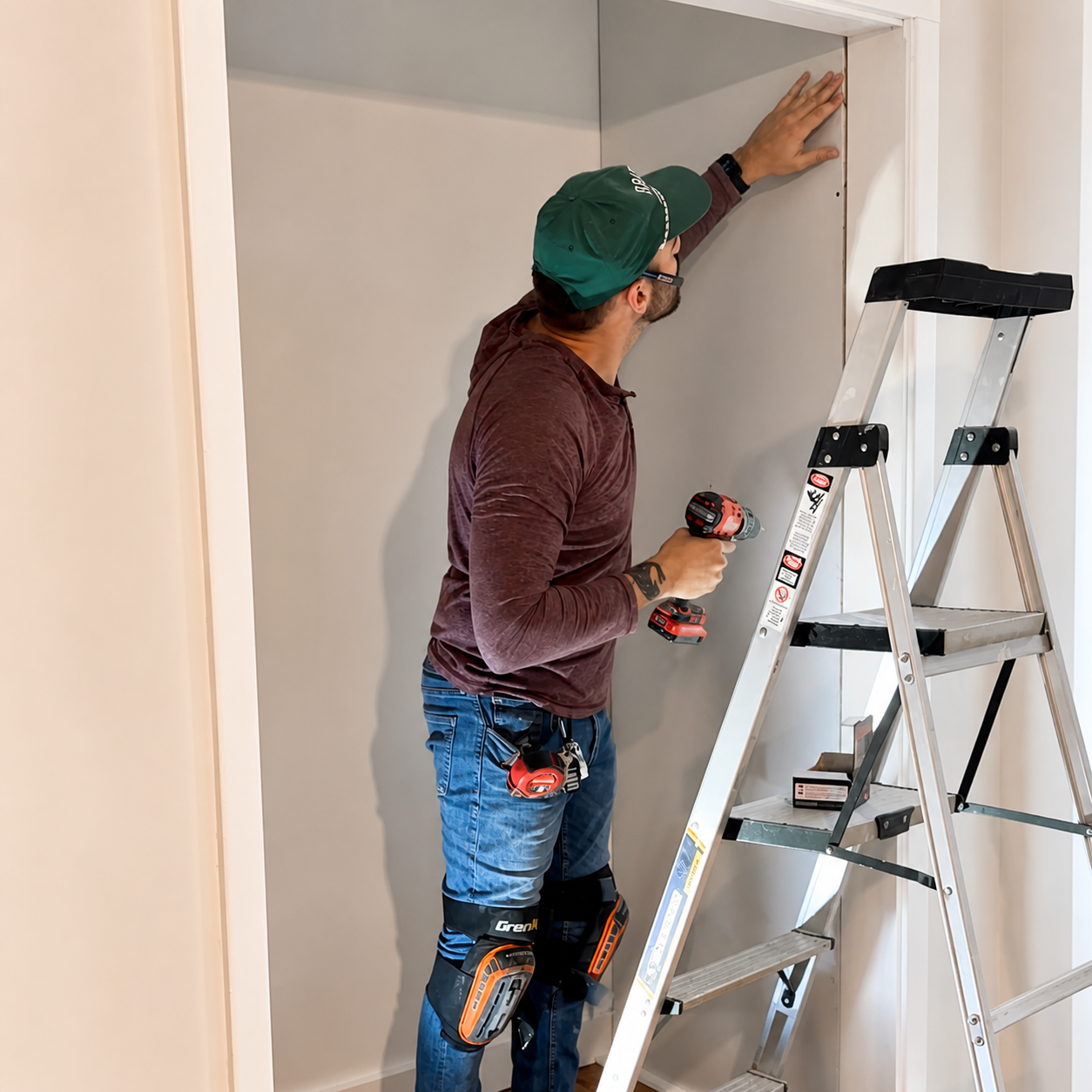 Man standing on a ladder, installing a ceiling panel, holding a cordless drill.