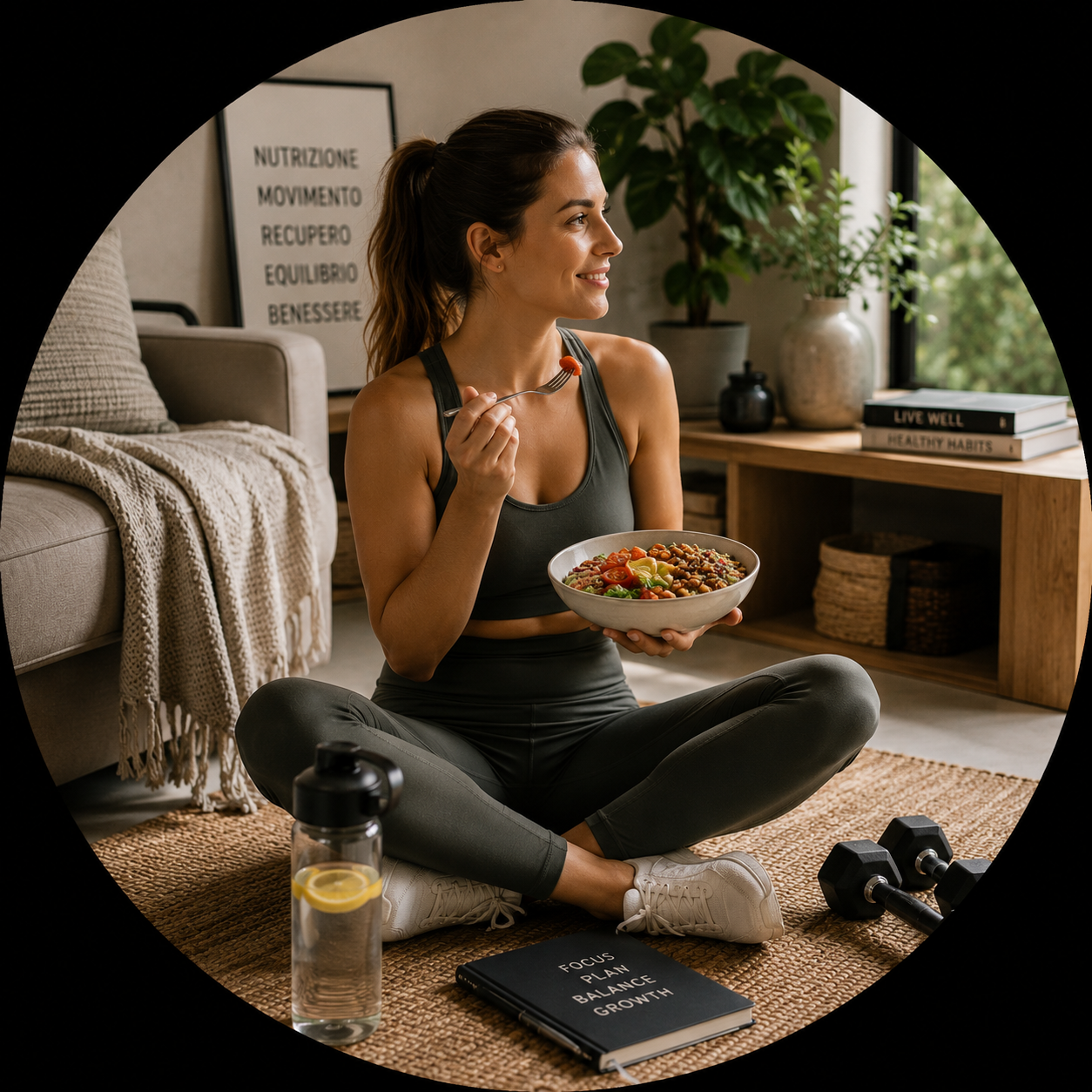 Una donna sorridente, vestita sportivamente, siede a terra in una stanza accogliente mentre mangia un'insalata. Ci sono manubri, un quaderno con la scritta 'Focus Plan Balance Growth', una bottiglia d'acqua con limone, e una finestra con vista su un giardino. Sullo sfondo, una libreria e una pianta verde.
