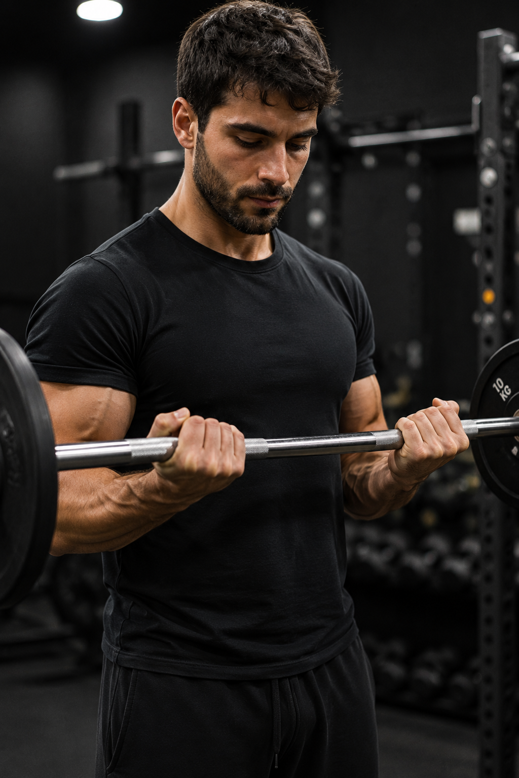 Un uomo che solleva un bilanciere in un palestra.