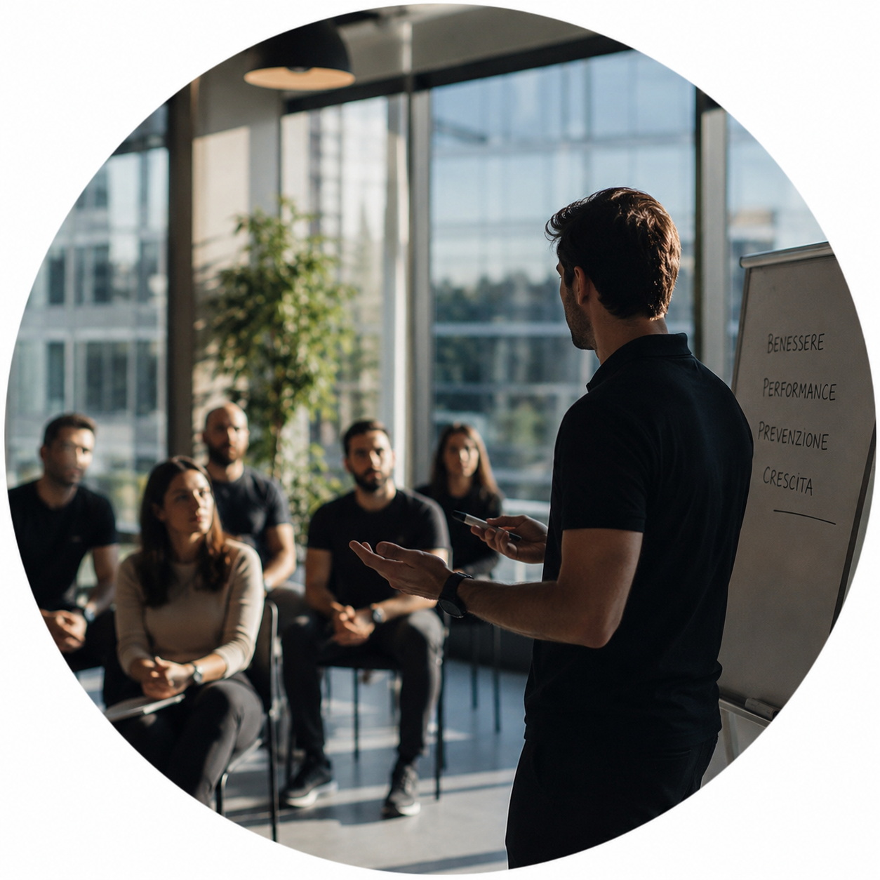 Un uomo presenta a un gruppo di persone una presentazione in una sala moderna con grandi finestre, piante e luce naturale, utilizzando una lavagna con parole come benessere, performance, prevenzione e crescita.