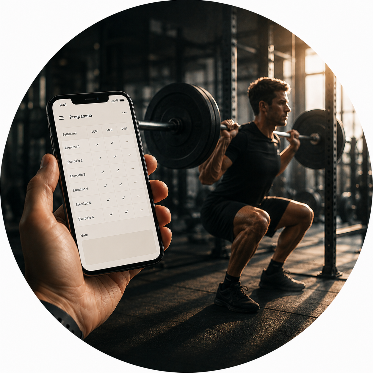 Uomo che fa squat con bilanciere in palestra, mentre una persona tiene uno smartphone con un'app di allenamento.