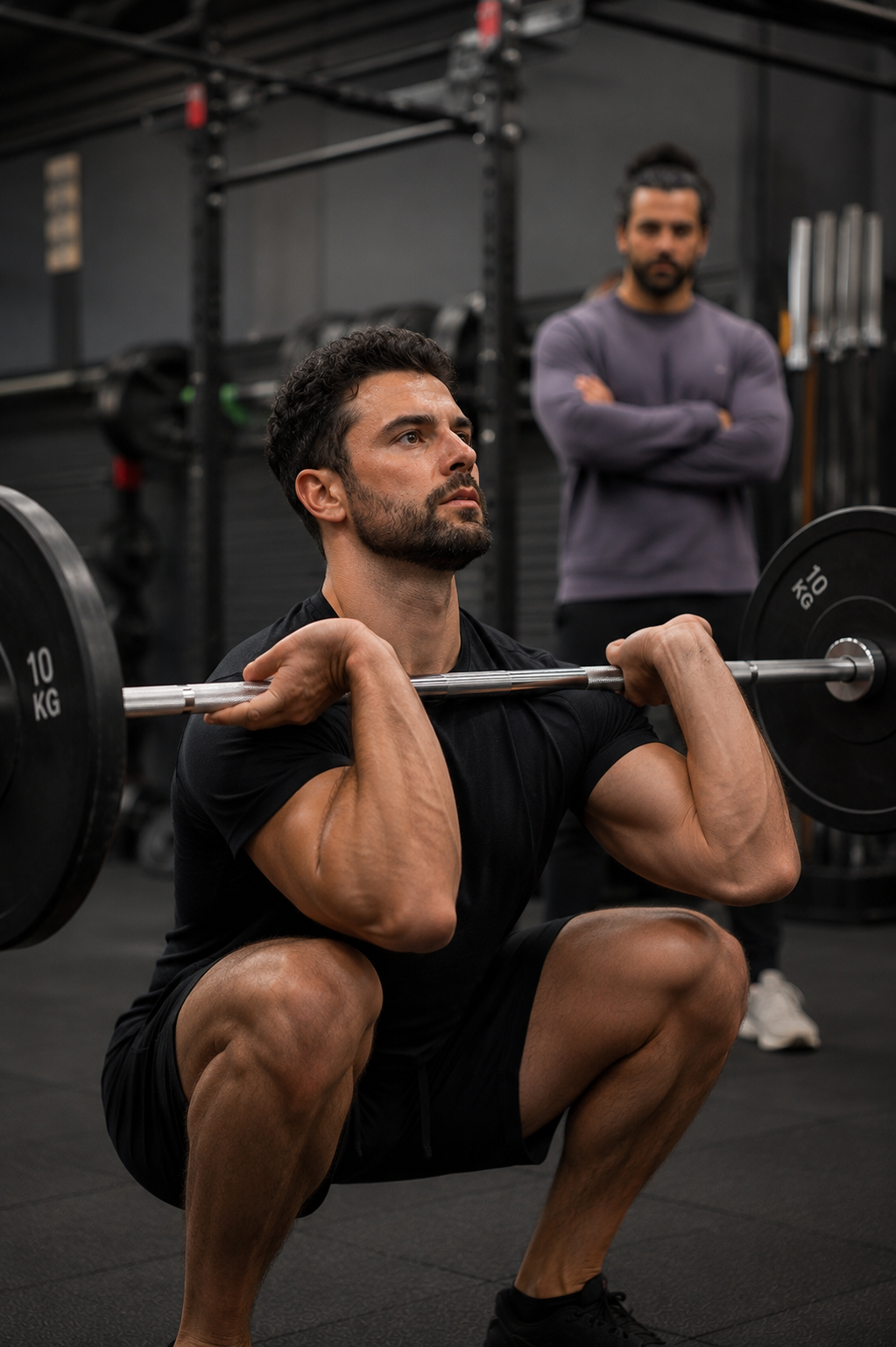 Uomo che fa squat con bilanciere pesante in palestra, con un altro uomo che lo guarda in piedi con le braccia incrociate sullo sfondo.