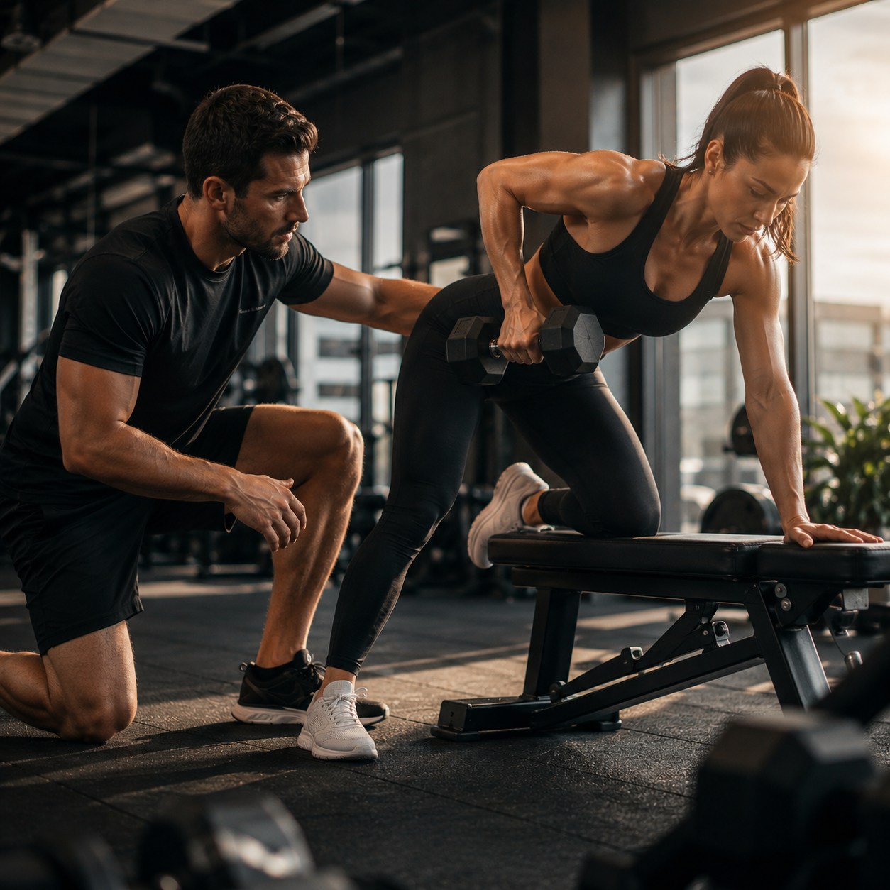 Donna che fa esercizi di sollevamento pesi con un personal trainer in palestra.