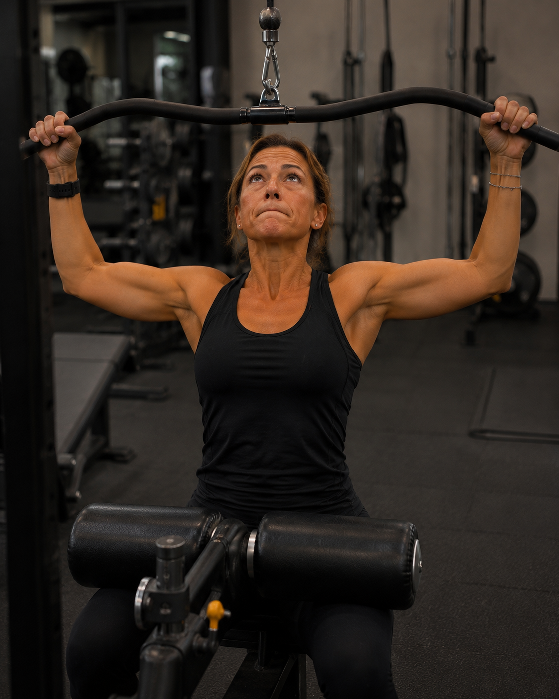 Donna che fa allenamento di sollevamento pesi in palestra, seduta con un attrezzo al petto e sollevando un bilanciere sopra la testa.