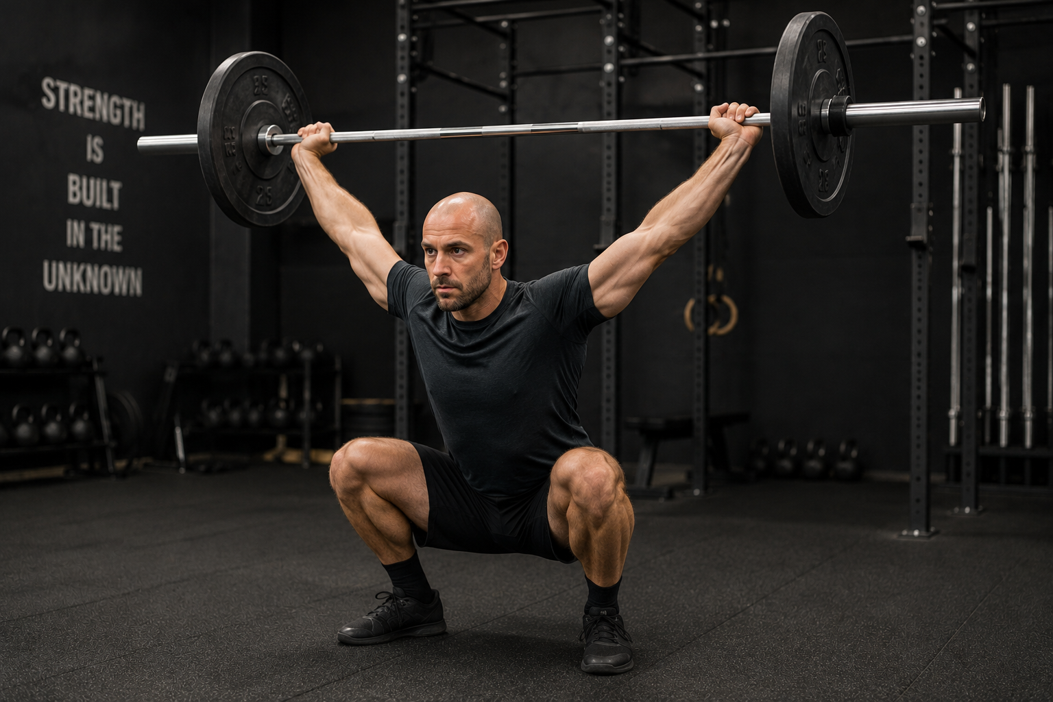 uomo che fa squat con bilanciere in palestra