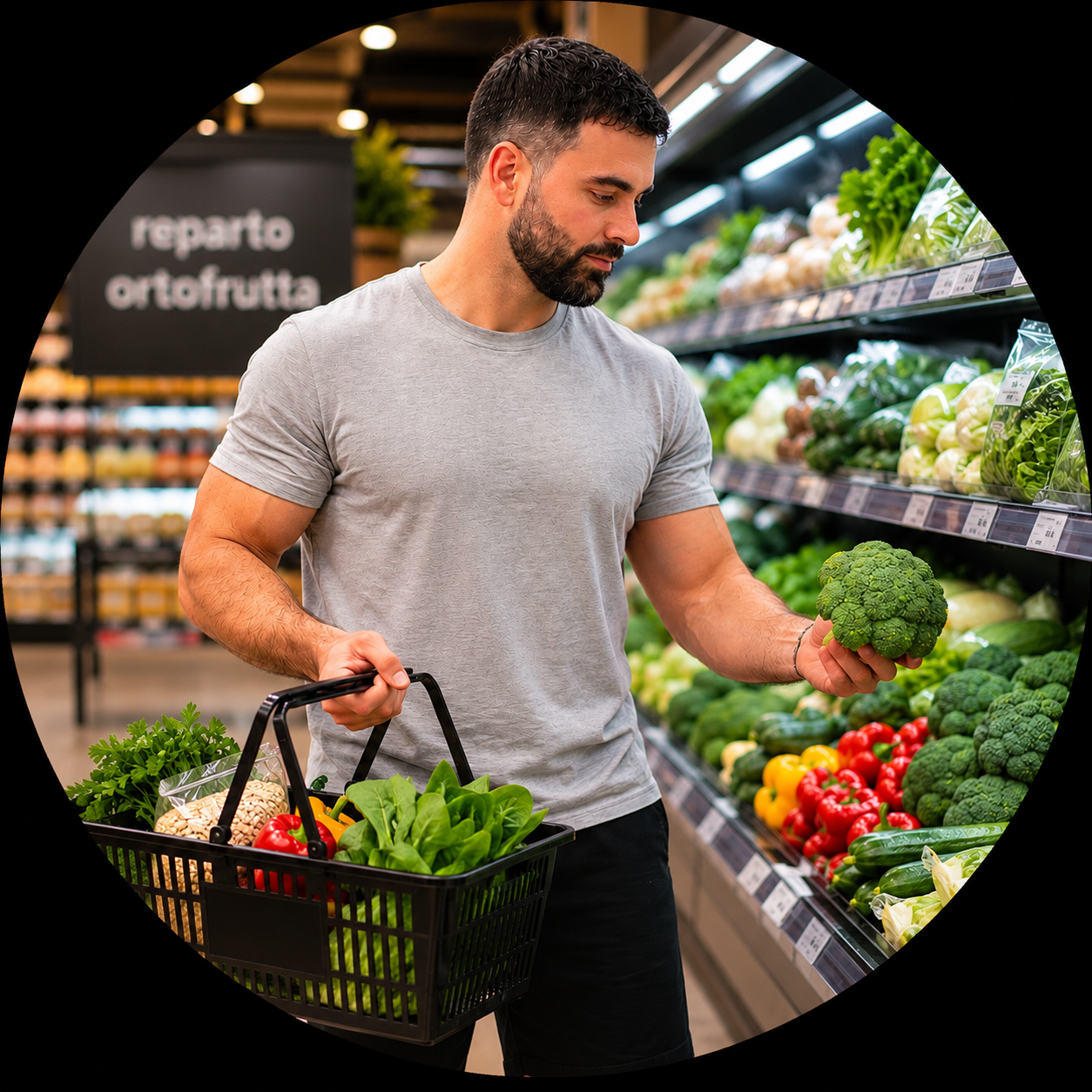 Uomo che fa shopping al supermercato, che sceglie un broccolo tra verdure fresche e colorate.