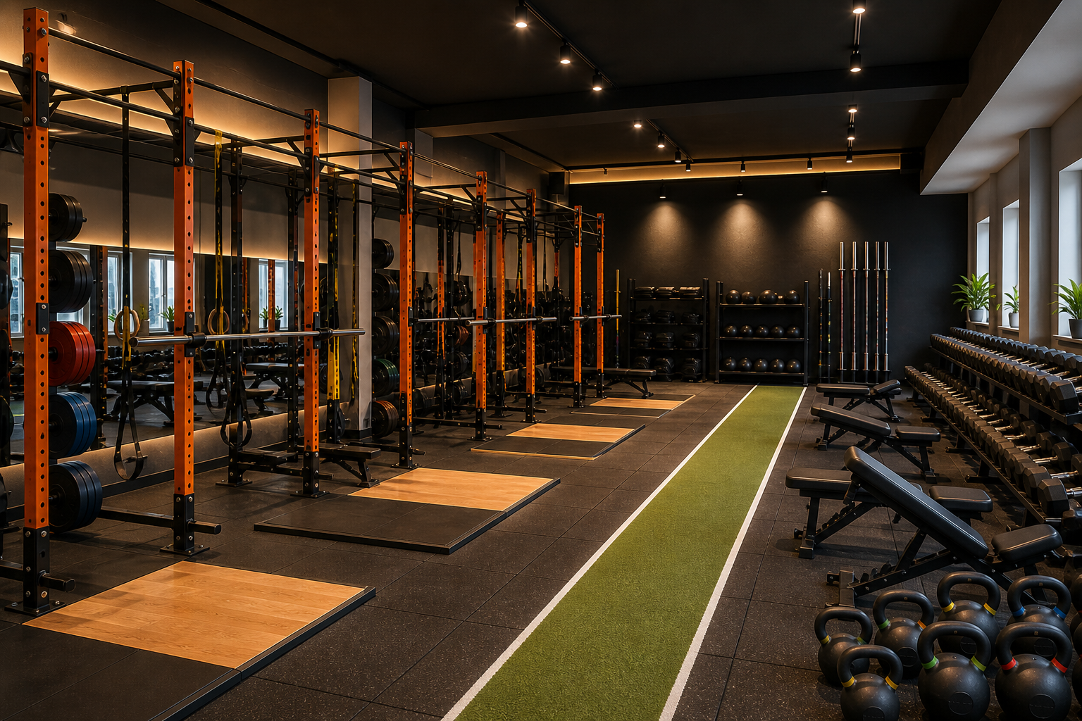 Una palestra moderna con attrezzi per il sollevamento pesi, panchine, kettlebell e un'area di allenamento con strechting, illuminata con luci soffuse e piante sui davanzali delle finestre.