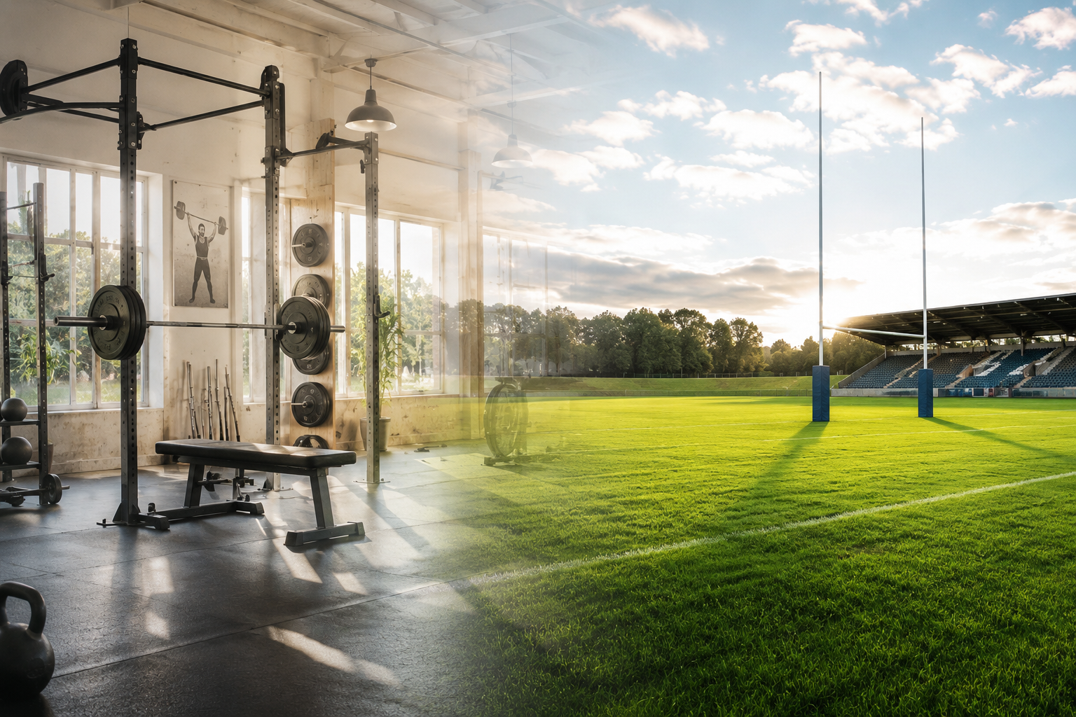 L'immagine è divisa in due parti: a sinistra c'è una palestra con attrezzature sportive e a destra un campo da rugby all'aperto con le porte, con il sole che tramonta sullo sfondo.