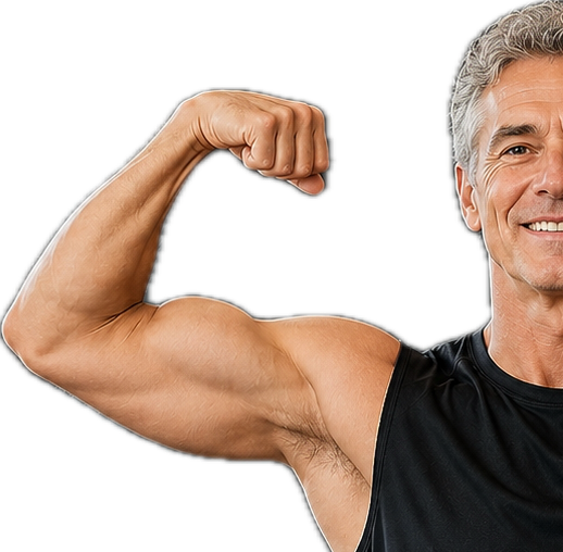 Uomo anziano che mostra il muscolo del braccio sinistro in segno di forza