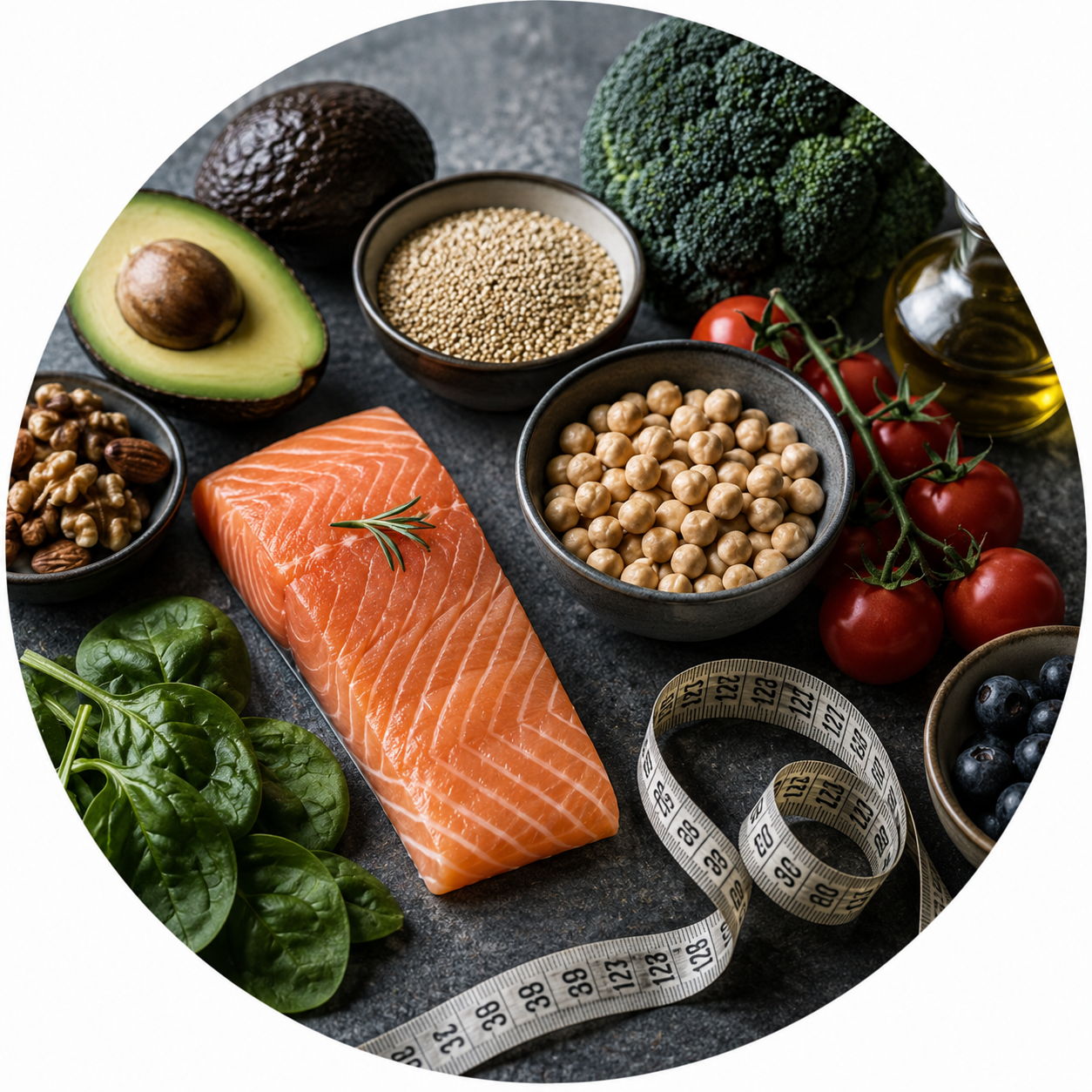 Assortimento di alimenti salutari: salmone, avocado, pomodorini, spinaci, orzo, semi di chia, broccoli, noci, lampone, mirtillo, olio d'oliva, un cucino di misurazione.