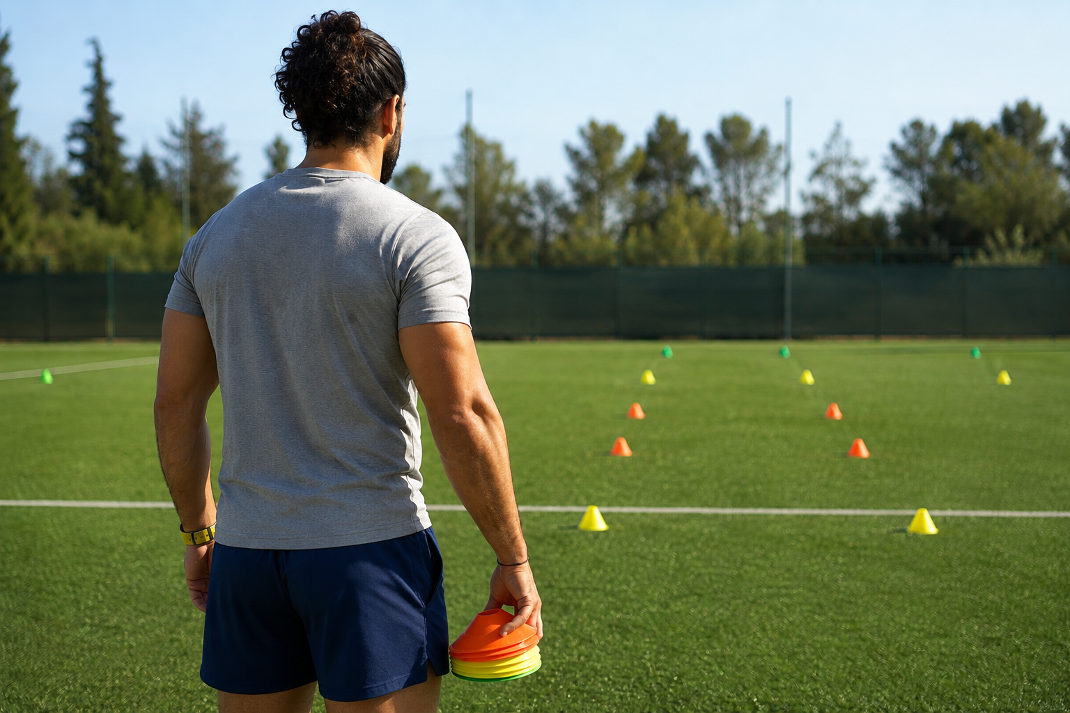 Un uomo con maglietta grigia e pantaloncini blu si trova in un campo di calcio, tenendo in mano dei coni di allenamento colorati, mentre osserva una serie di coni disposti in linea sul prato.