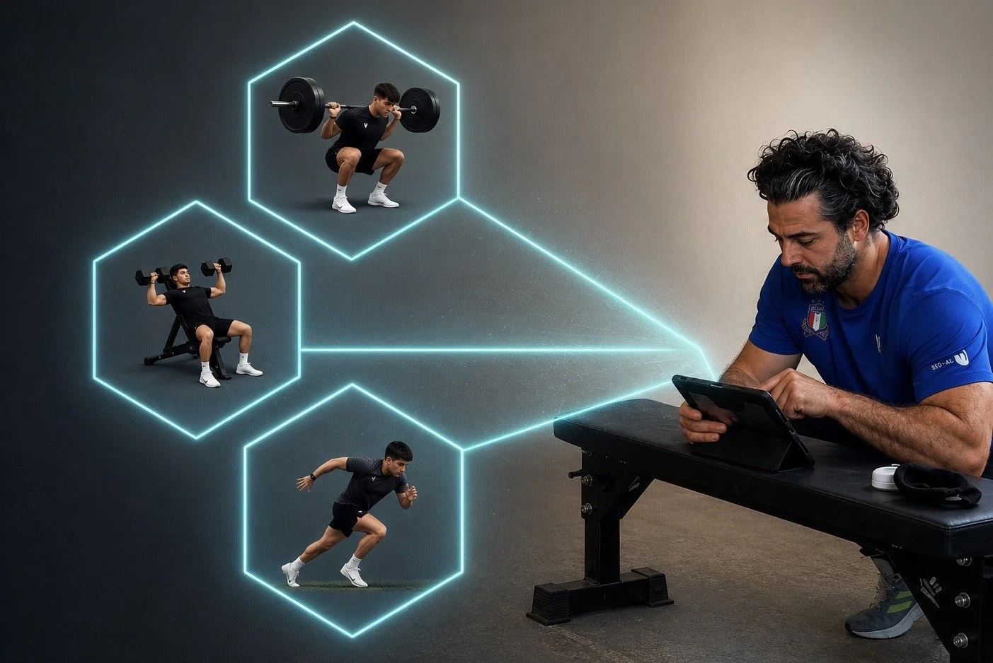 Un uomo seduto a una scrivania con un tablet osserva un'illustrazione digitale di tre persone che fanno esercizi fisici, ciascuna all'interno di un'icona a forma di esagono luminosa.