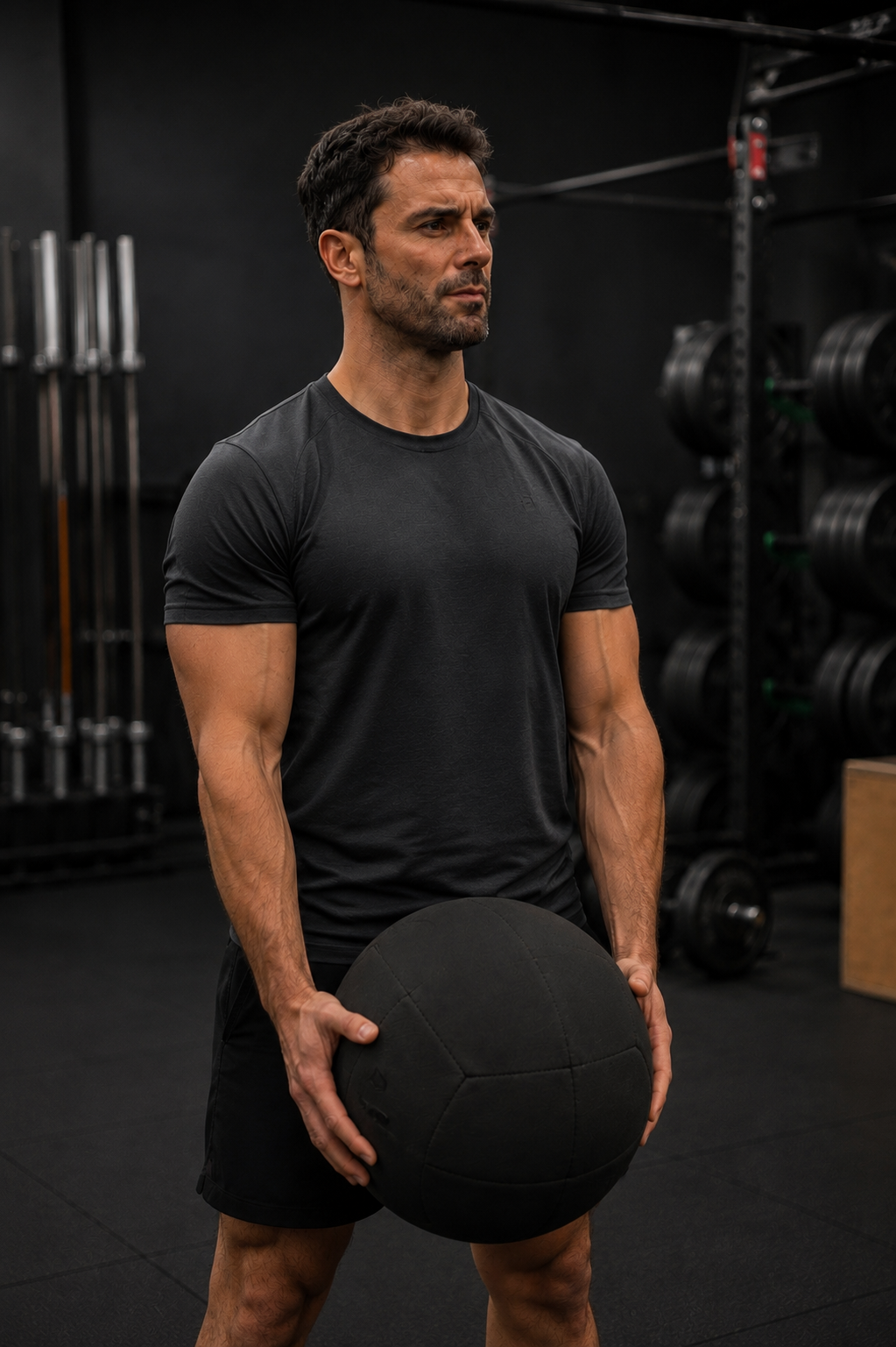 Uomo che si allena in palestra con un bilanciere, tenendo un pallone di guerra