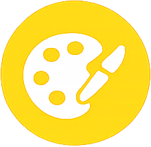 Yellow circle background with an artist's palette and paintbrush icon.