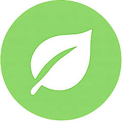Green circular background with a white leaf icon in the center.