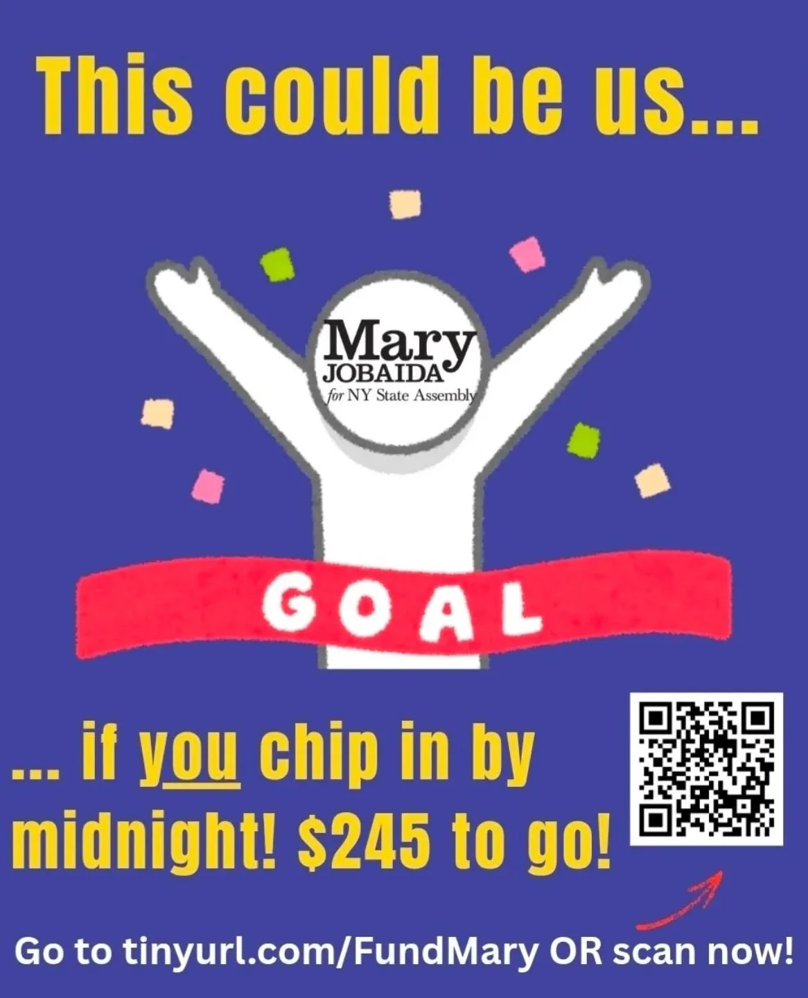 This is it! The last hour of tonight's fundraiser and you've brought #TeamMary this far! Donate now to help us hit the last $245 of our $2500. 

Just a couple more donations of $100 or $50 will get us there!
Don't wait til the last minute. 

Tinyurl.
