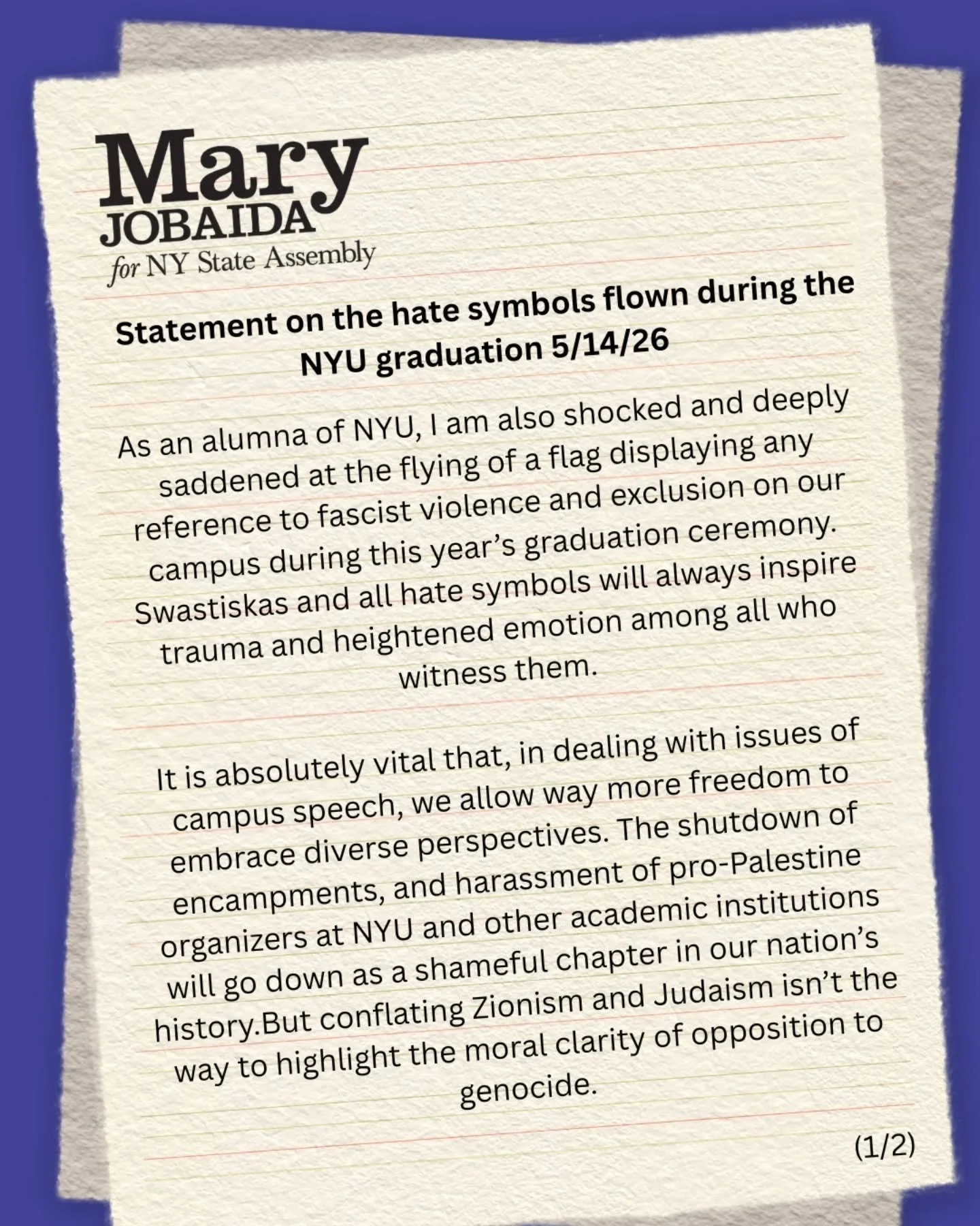 As an alumna of NYU, I am also shocked and deeply saddened at the flying of a flag displaying any reference to fascist violence and exclusion on our campus during this year&rsquo;s graduation ceremony.  Swastikas and all hate symbols will always insp